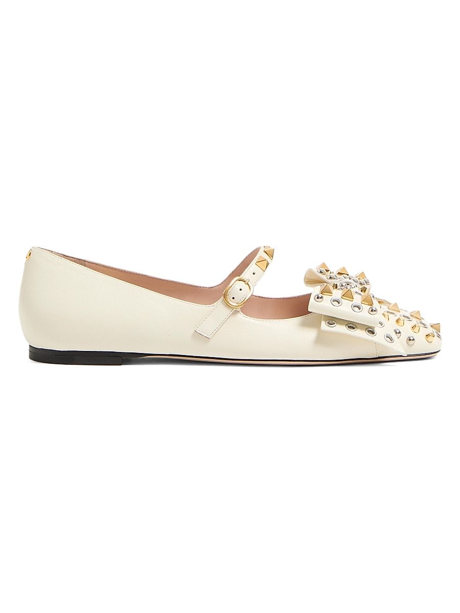 Women's Mary-Jane Bowow Ballerinas in Kidskin with Studs - Ivory - Size 5.5