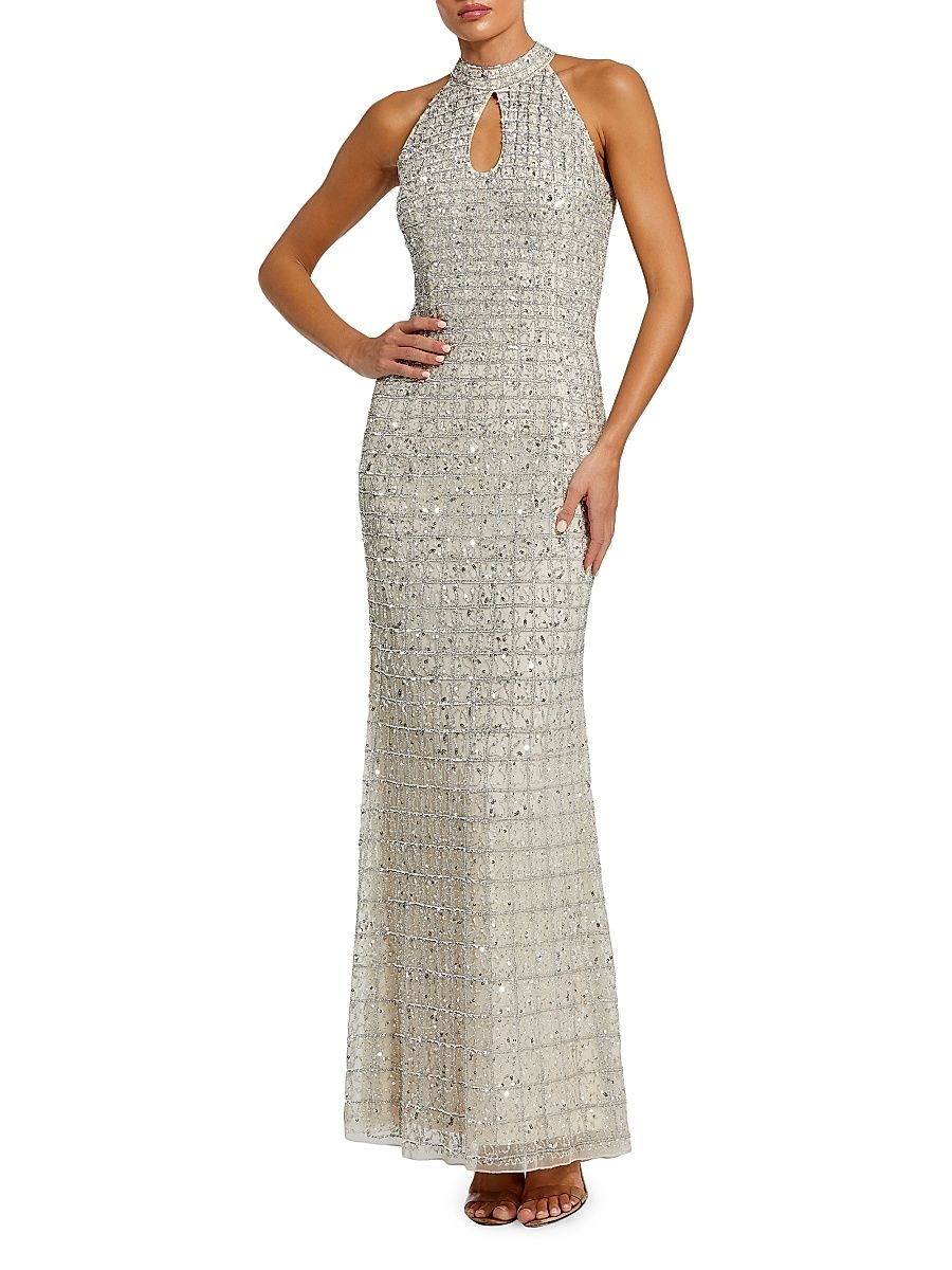 Women's Embellished Keyhole Column Gown - Beige Silver - Size 14