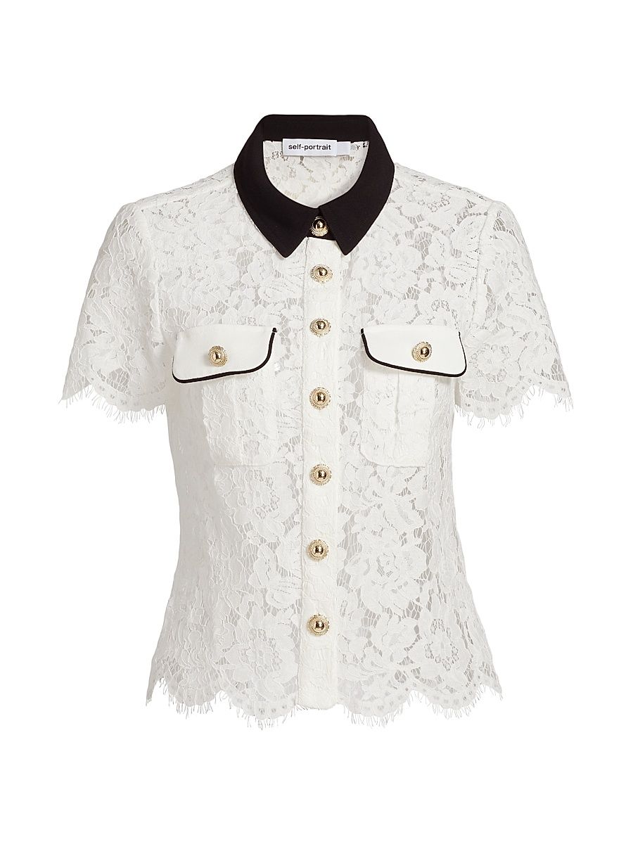 Women's Lace Contrast Collar Short-Sleeve Shirt - White - Size 10
