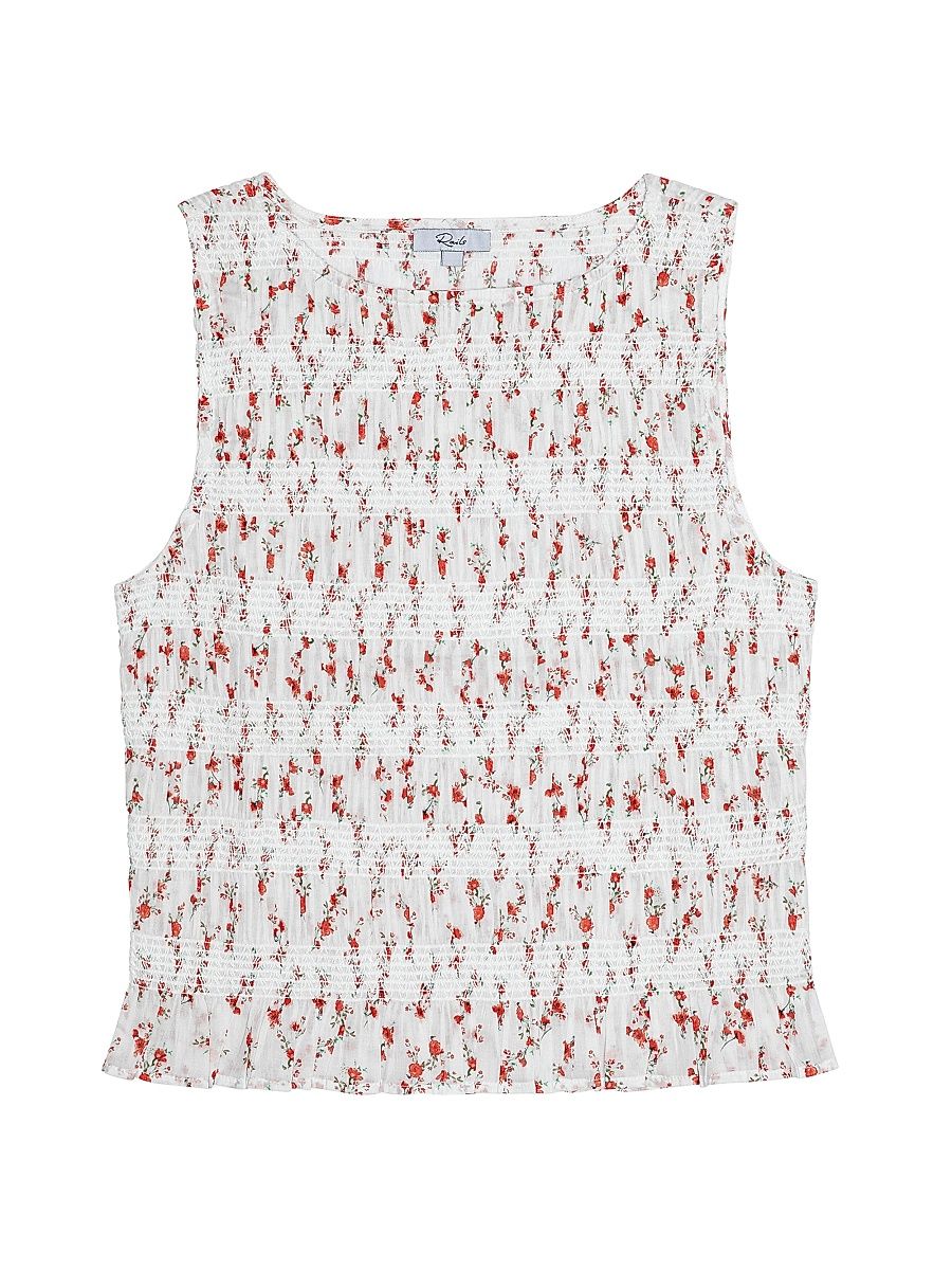 Women's Kane Floral Cotton Smocked Sleeveless Top - Rouge Romantic - Size Large