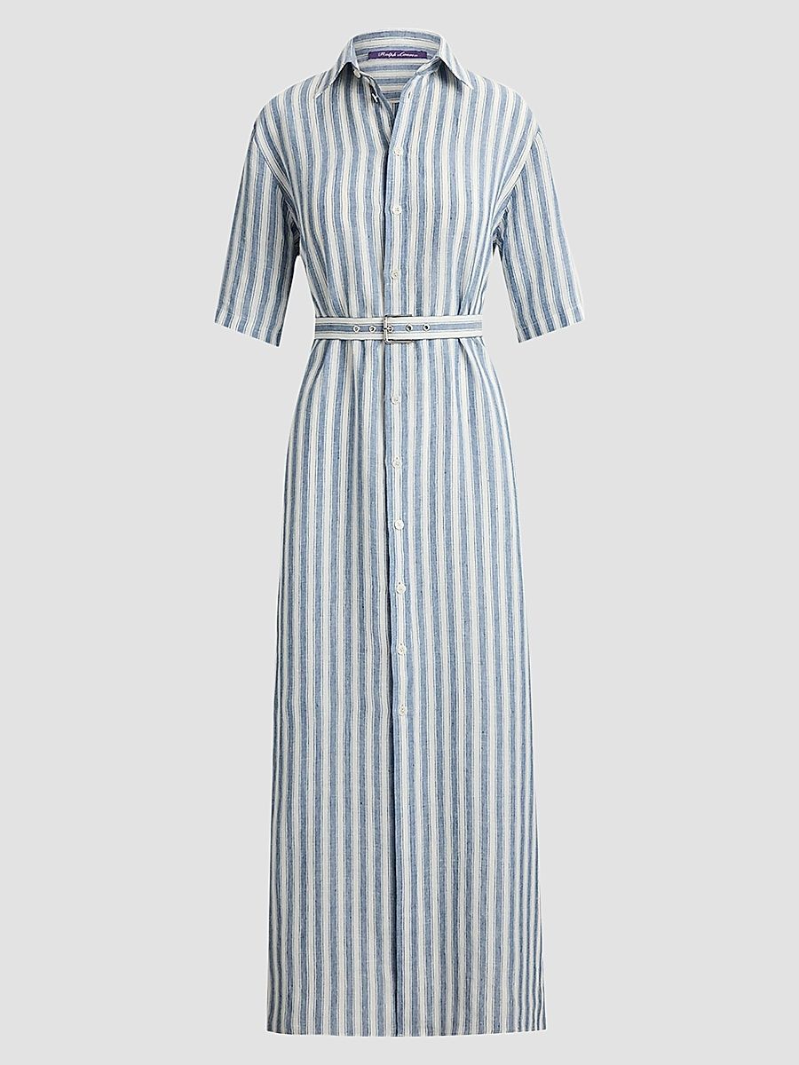 Women's Carol Umbrella Stripe Linen Shirtdress - Chambray Blue Cream - Size 8