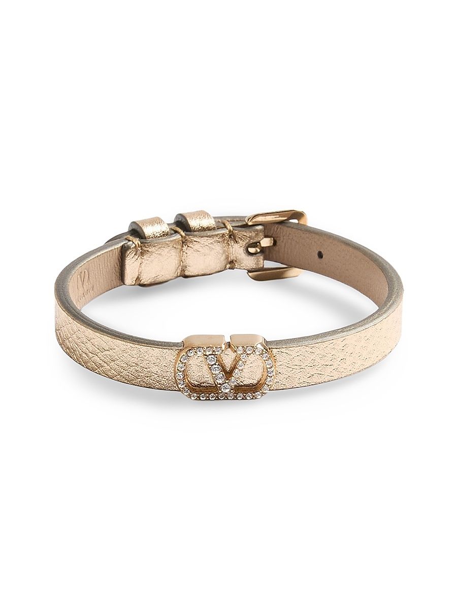 Women's VLogo Signature Bracelet in Laminated Leather and Swarovski Crystals - Gold Crystal