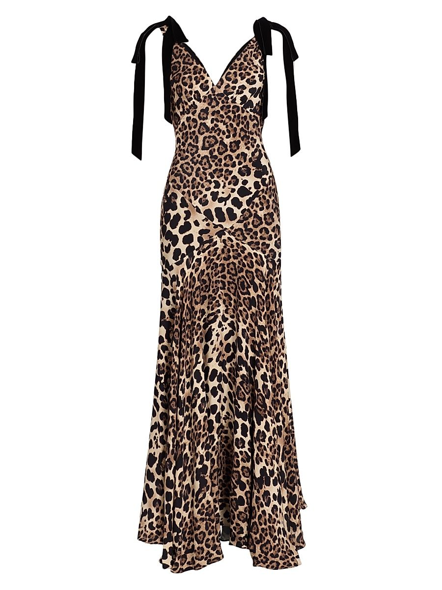 Women's Leopard Print Silk Bow-Strap Gown - Brown - Size 6