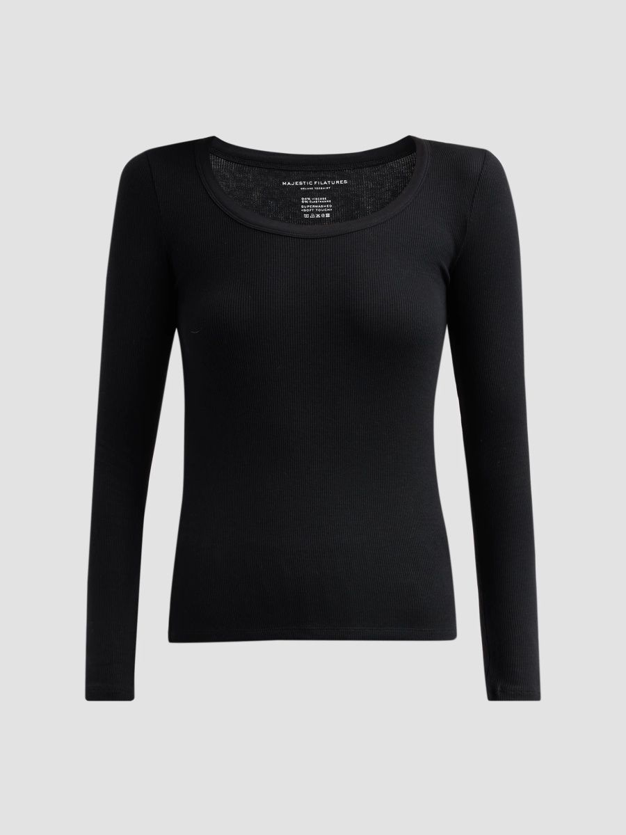 Majestic Filatures Women's Soft Touch Scoopneck Sweater - Noir - Size Large
