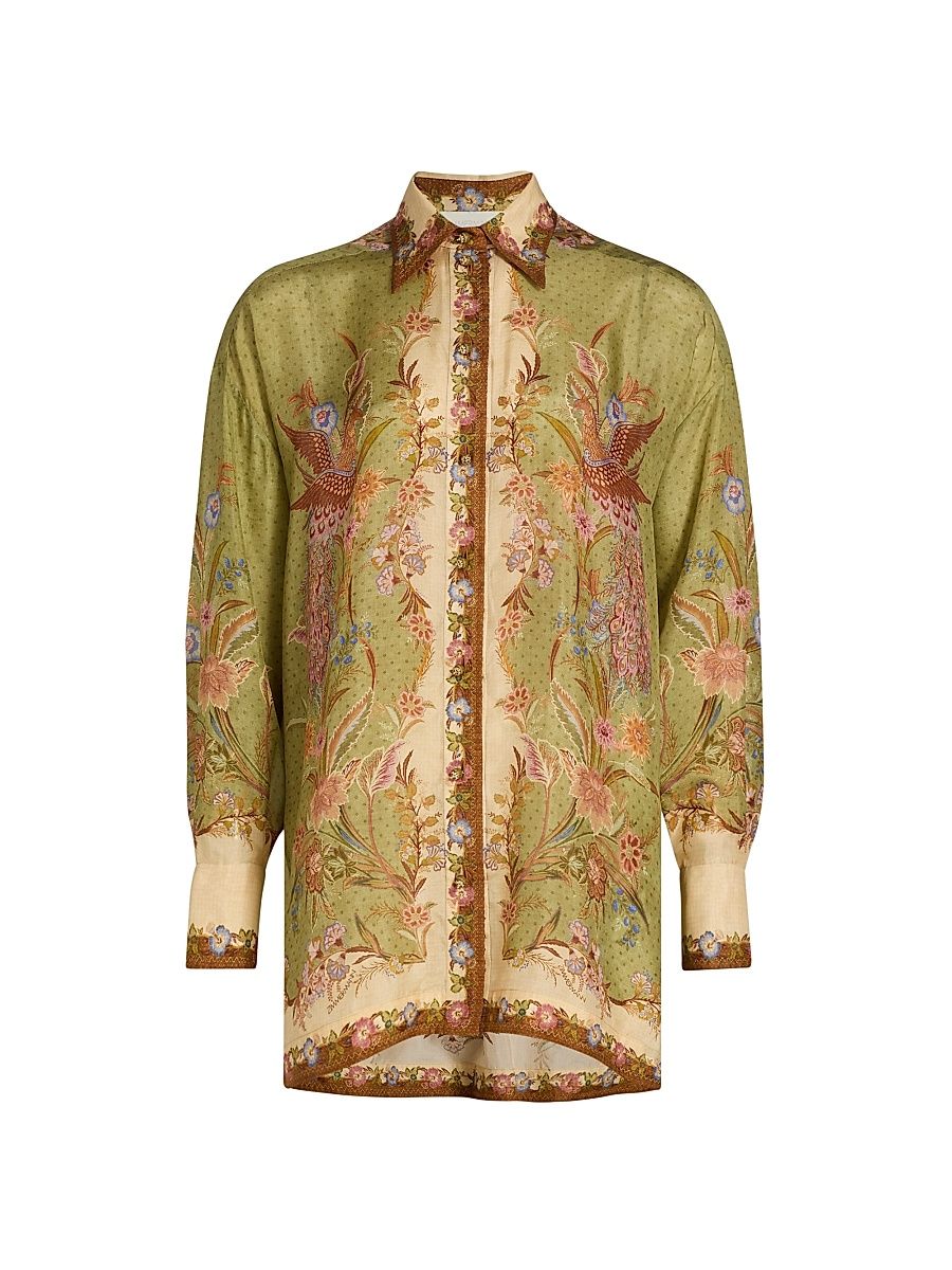 Women's Indra Printed Silk Relaxed Button-Front Shirt - Khaki Scarf Floral - Size 8