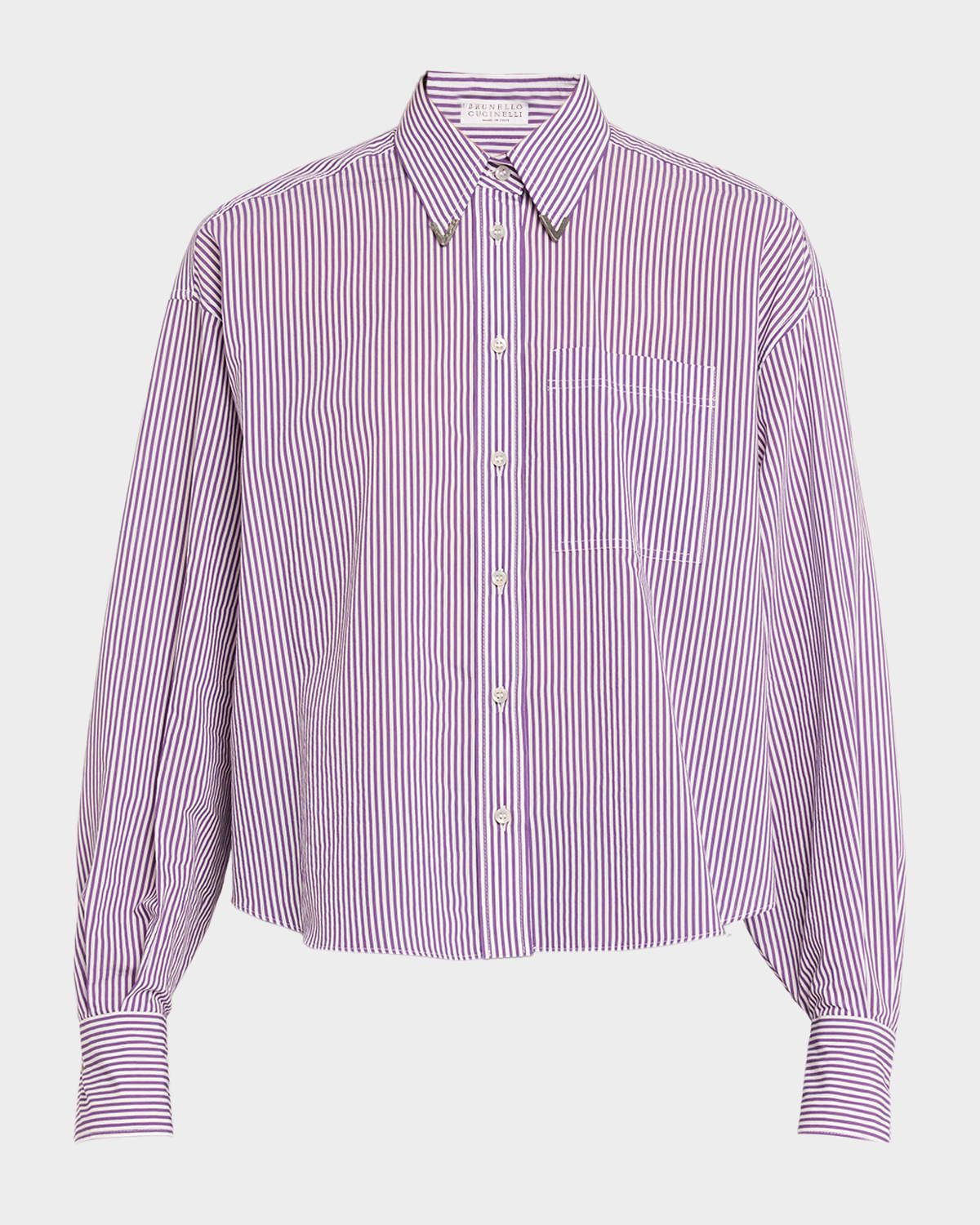 Techno Cotton Button-Front Top with Brass Trim