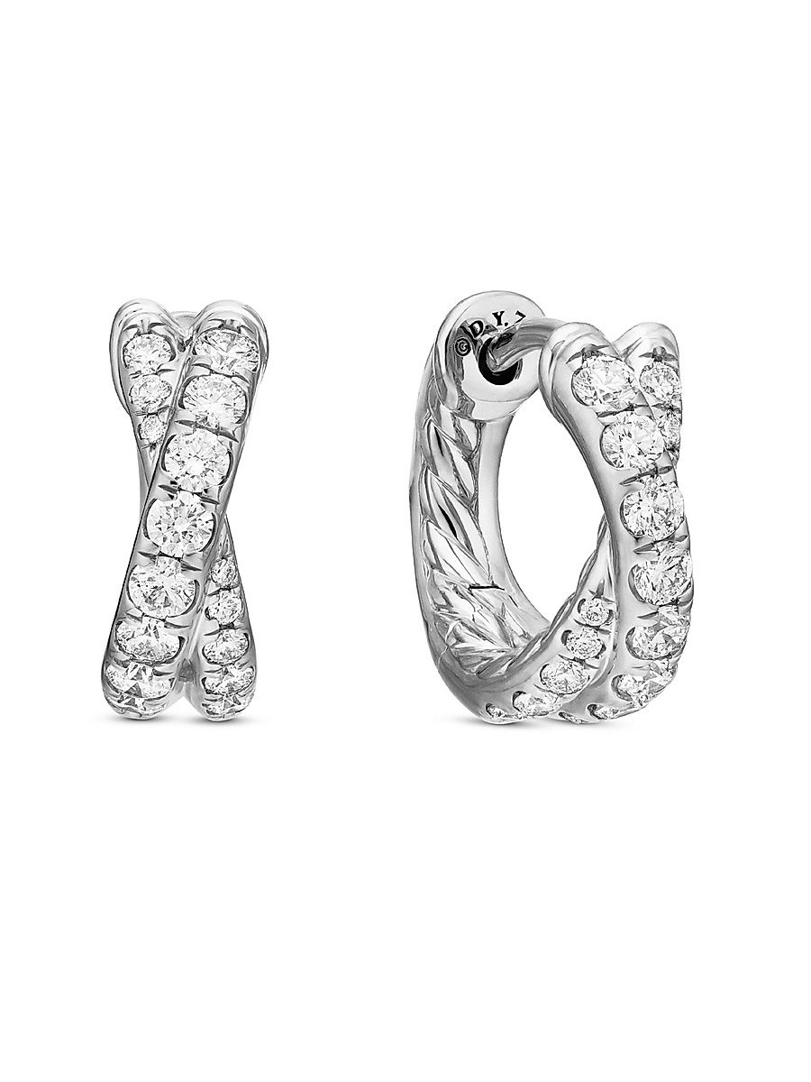 Women's Pavé Crossover Hoop Earrings in 18K Gold with Diamonds, 12MM - White Gold