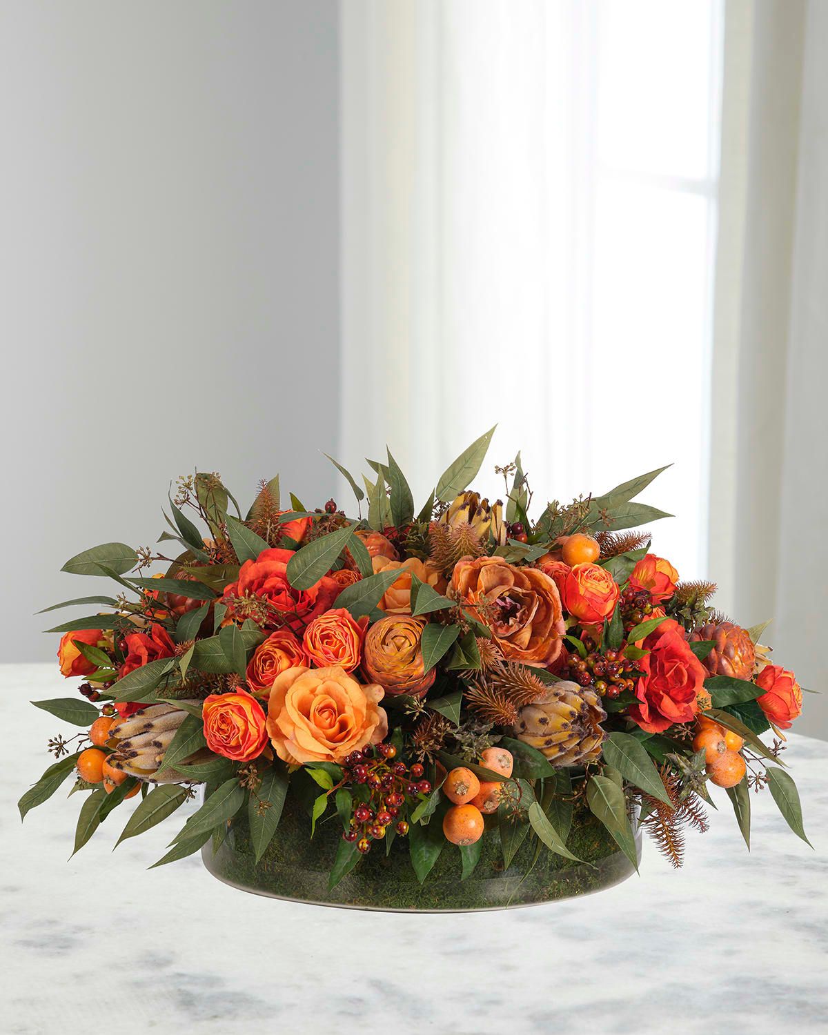 Roses & Proteas 28" Faux Floral Arrangement in a Moss Glass Bowl