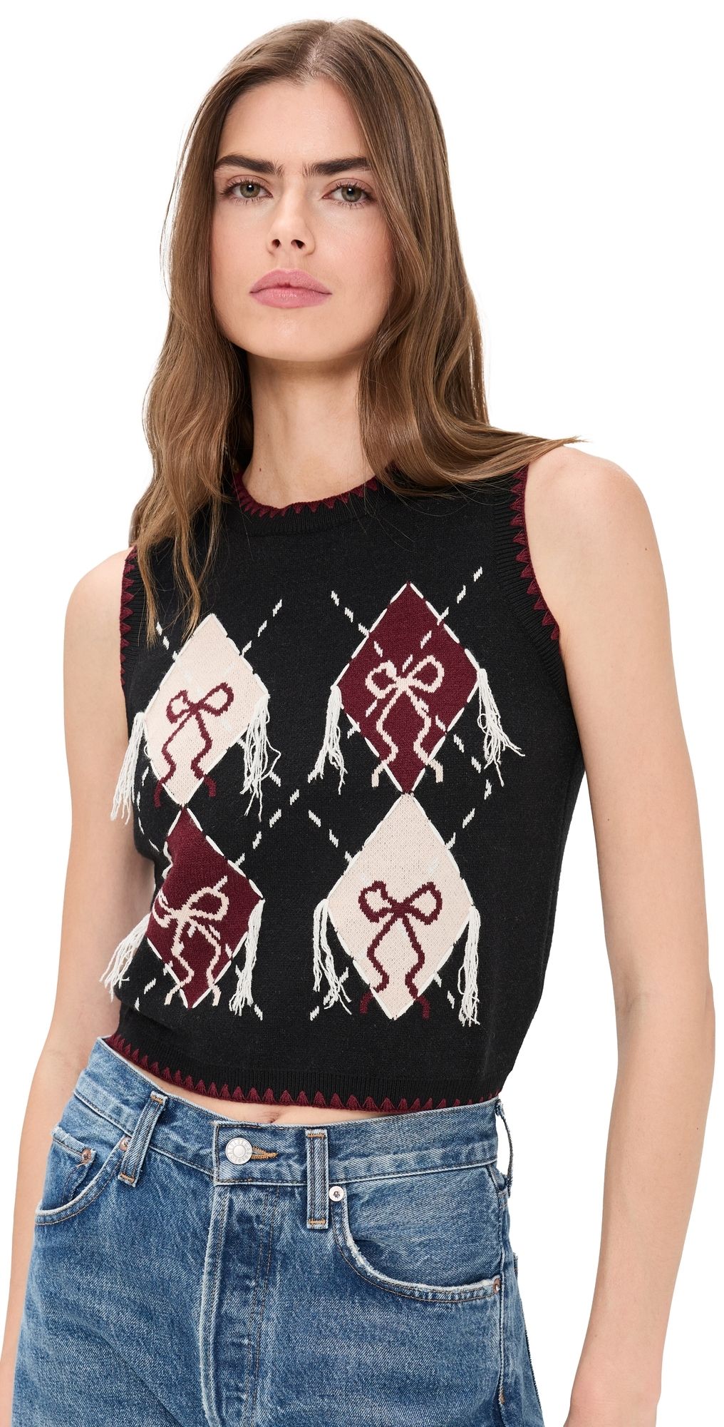 Another Girl Bow Argyle Knitted Tank Black L