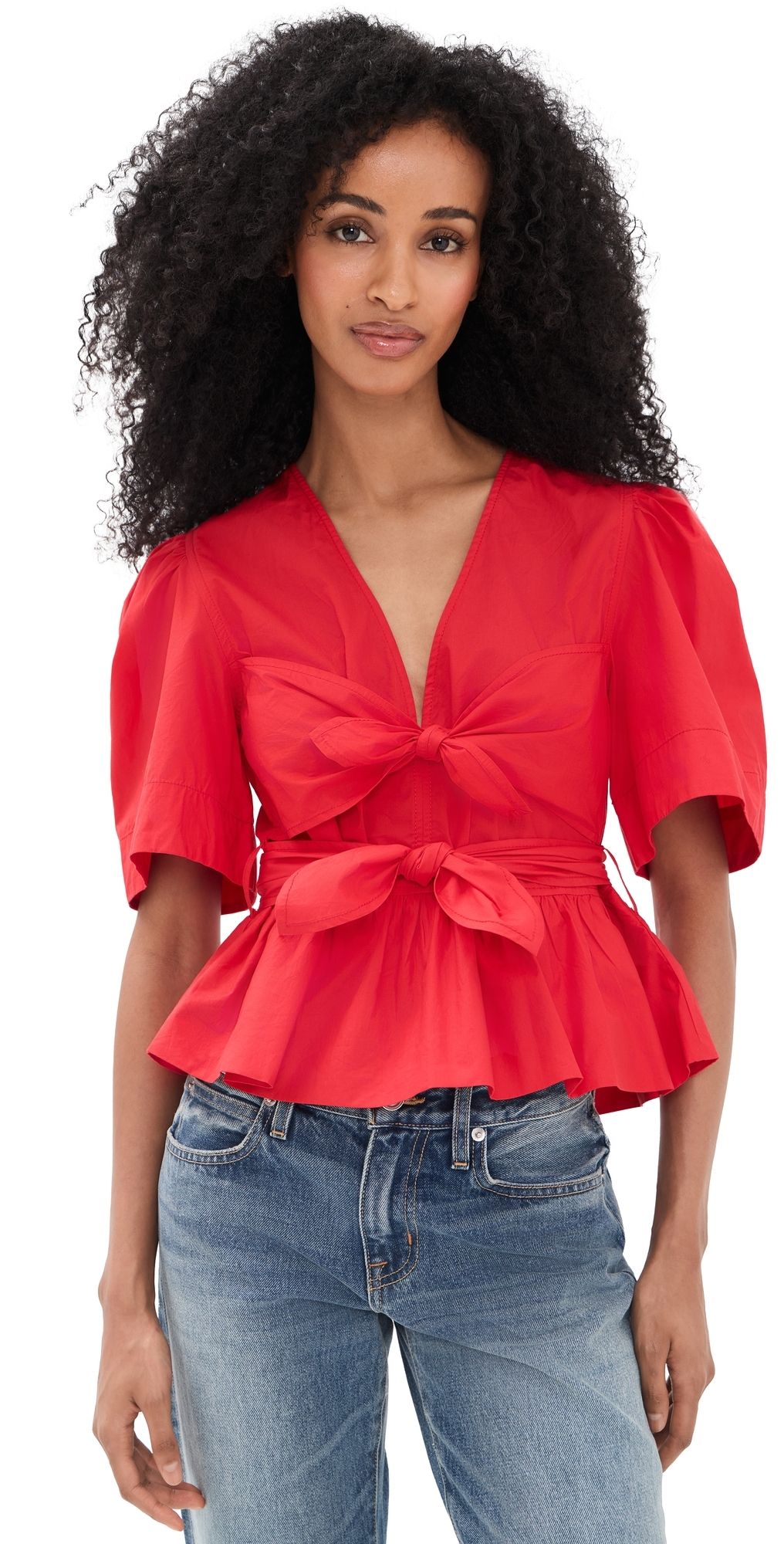 GANNI Cotton Poplin Bow Blouse Racing Red 40