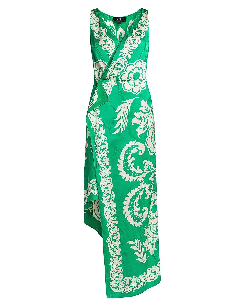 Women's Agave Floral Wrap-Style Midi-Dress - Printed Green Base - Size 4