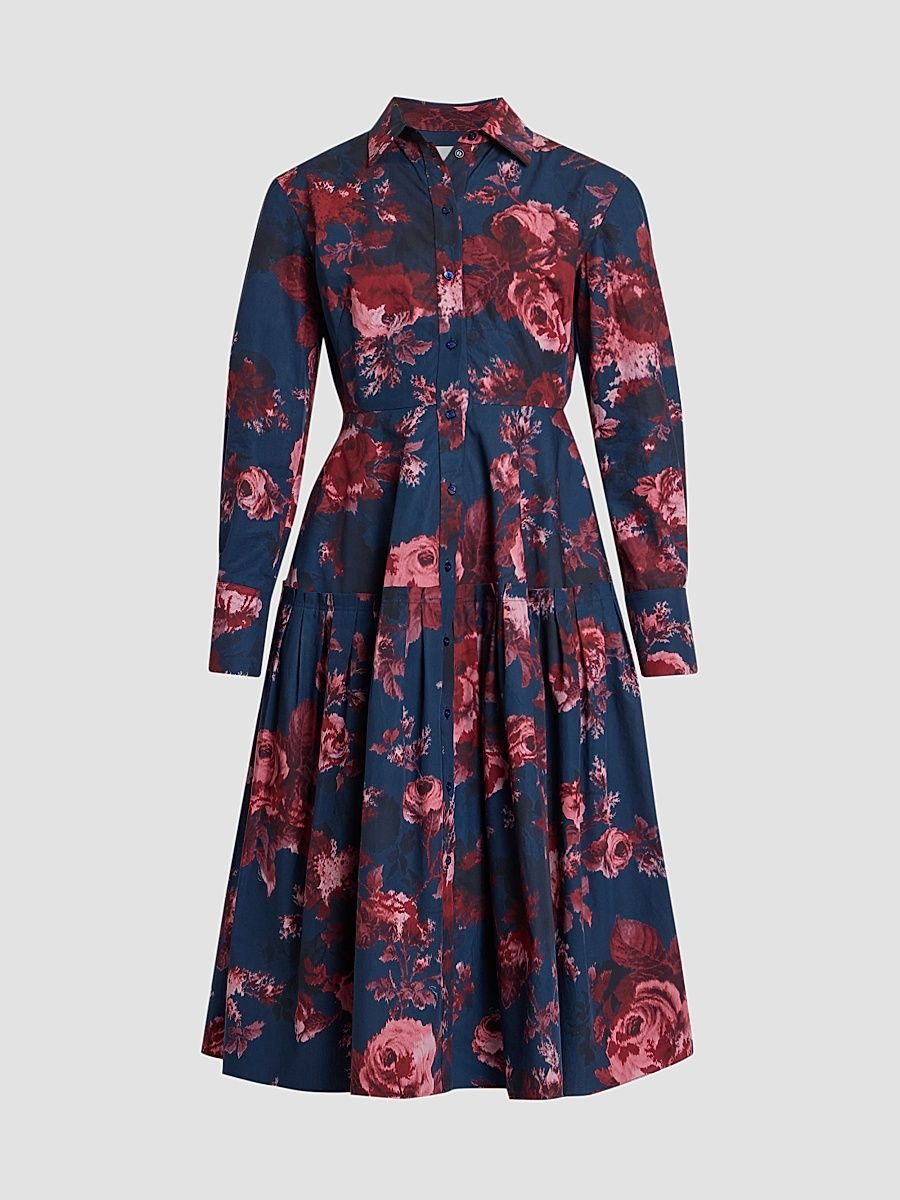 Women's Floral Cotton Midi Shirtdress - Margot Rose Navy - Size 8