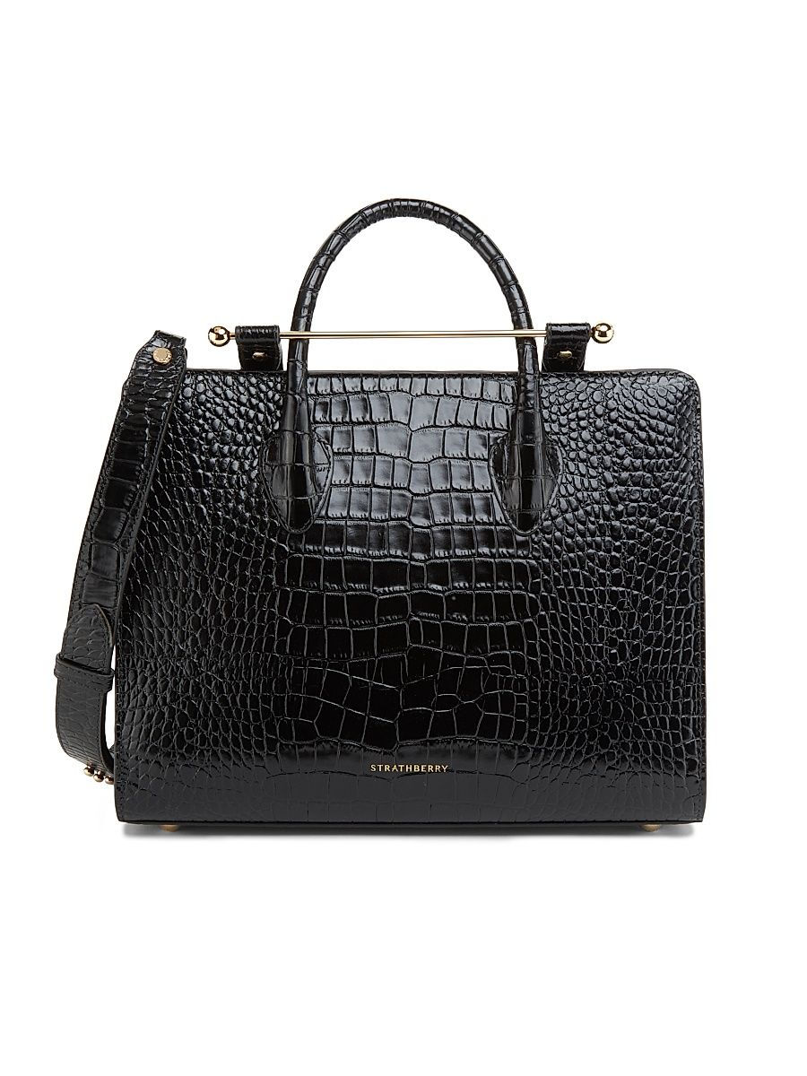 Women's Croc-Embossed Leather Midi Tote - Black