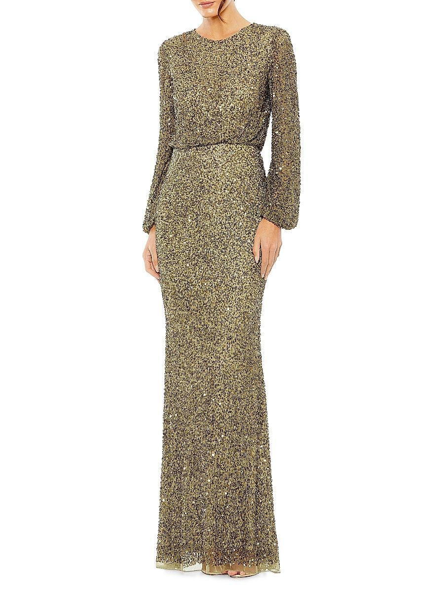 Women's Sequined Blouson Column Gown - Olive - Size 18