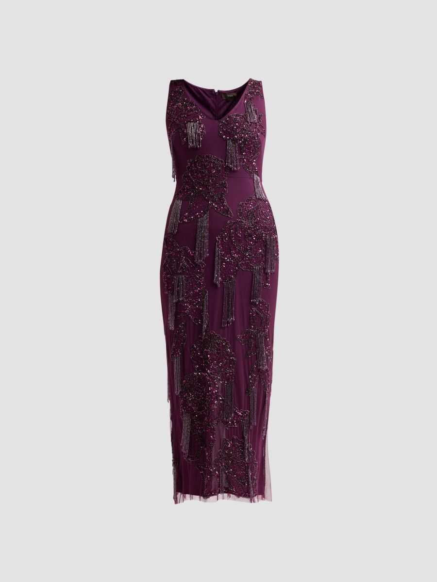 Theia Women's Iliana Beaded Fringed Maxi Dress - Velvet Fig - Size 14