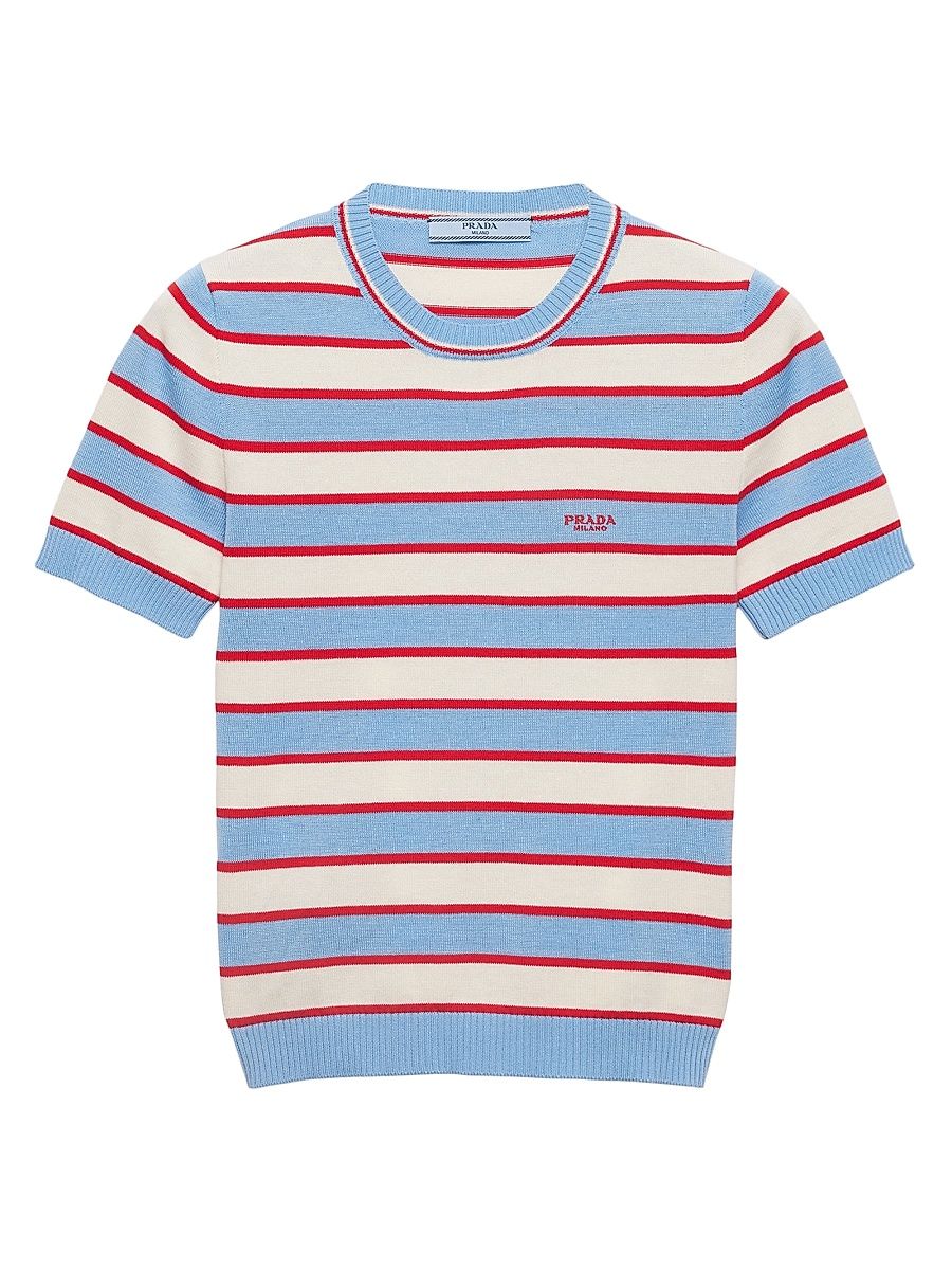 Women's Striped Crew-Neck Cotton Sweater - Navy - Size 8