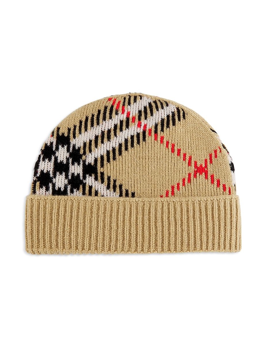 Women's Check Cashmere Knit Beanie - Sand