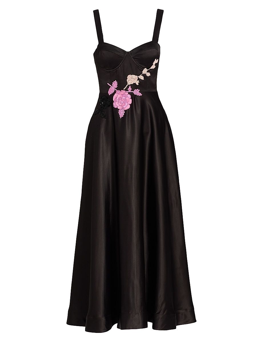 Women's Satin Embroidered Floral Cocktail Dress - Black - Size Large