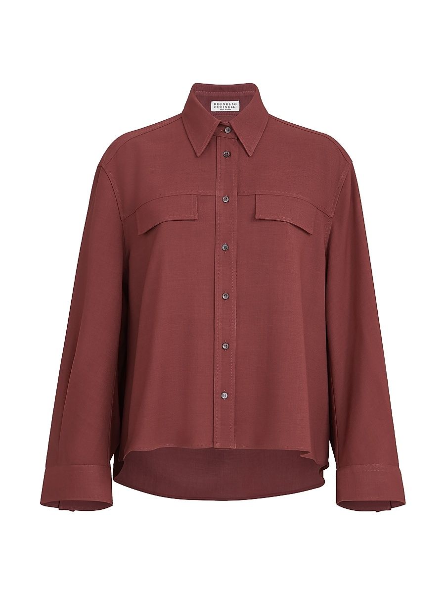 Women's Virgin Wool Fluid Twill Cropped Shirt - Wine - Size Small