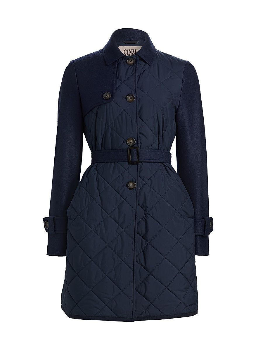 Women's Quilted Belted Trench Coat - Navy - Size 14