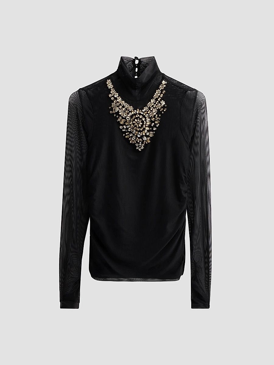 Women's Necklace-Detail Shirred Mesh Top - Black - Size Large