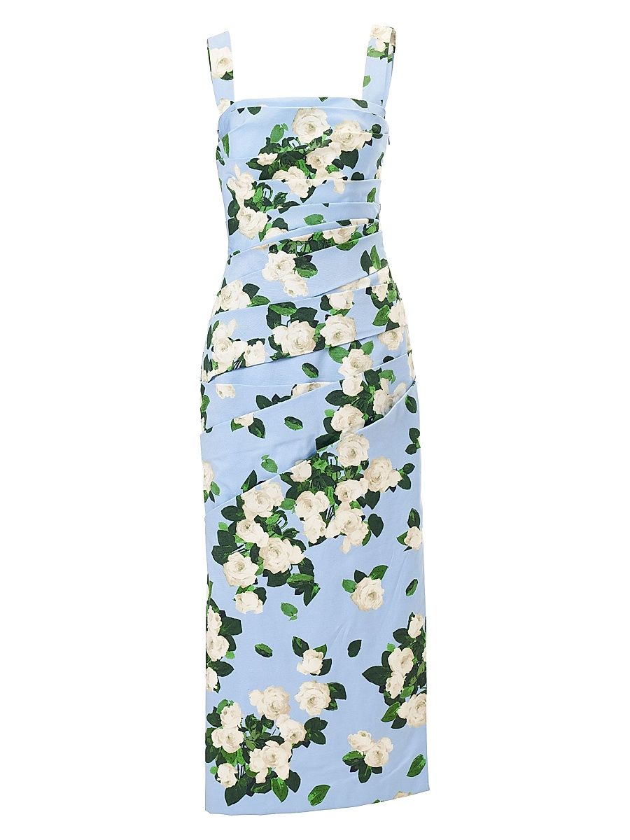 Women's Cabana Floral Draped Thick-Strap Cotton-Blend Midi-Dress - Cloudy Blue Multi - Size 14