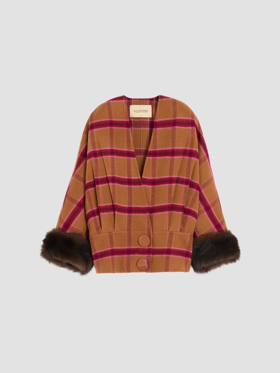 Valentino Women's Peacoat in Macro Finestra with Shearling - Biscuit Cherry Red - Size 8