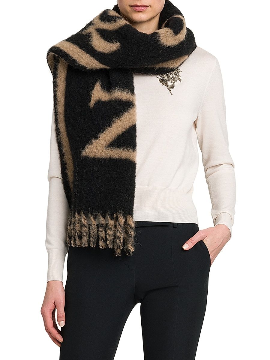 Women's Logo Alpaca-Blend Fringed Scarf - Black Camel