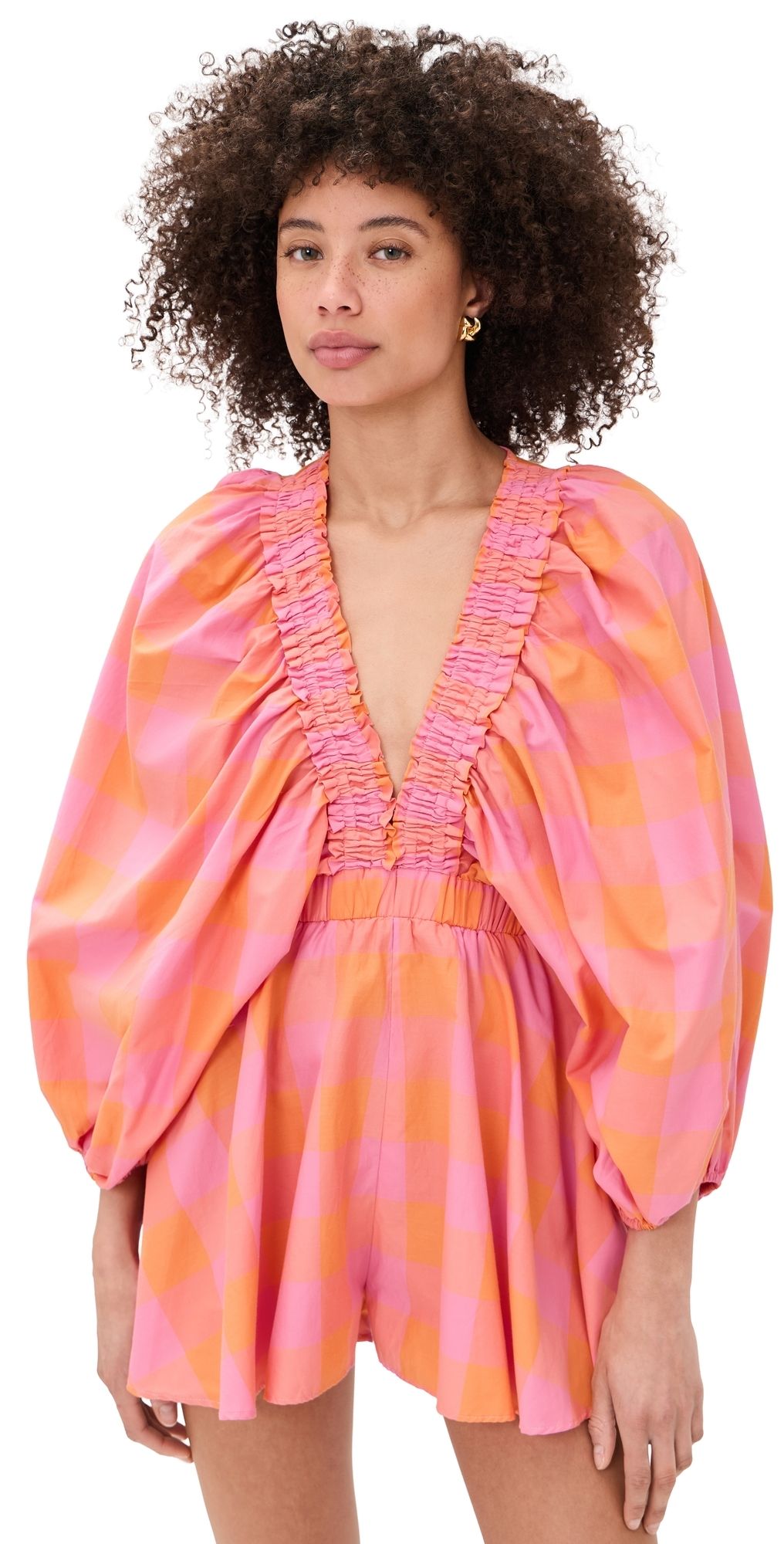 SUNDRESS Alicia Romper Big Gingham Orange And Pink M/L