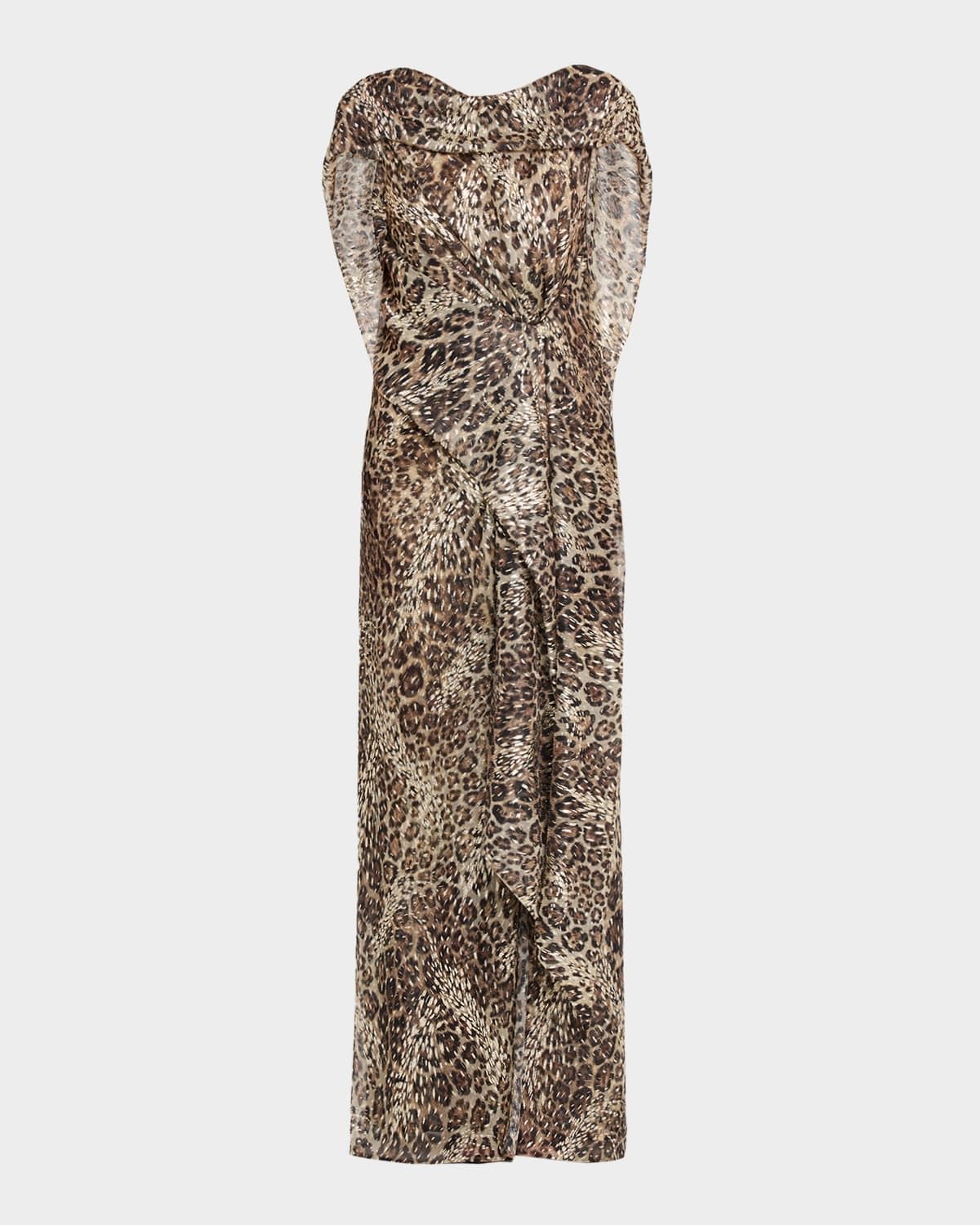 Metallic Leopard-Print Draped Maxi Dress