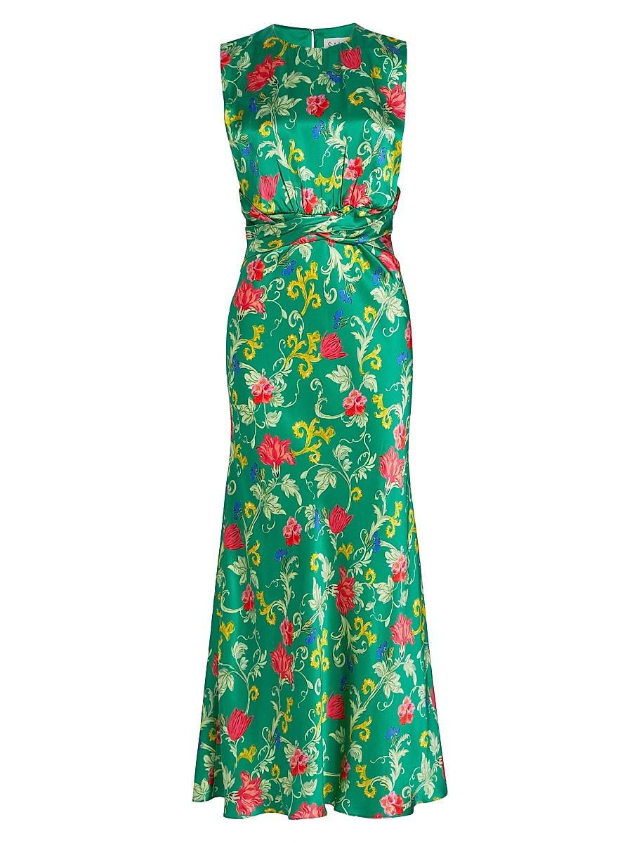Women's Gwen Floral Silk Tie-Waist Midi-Dress - Mandevilla Emerald - Size 8