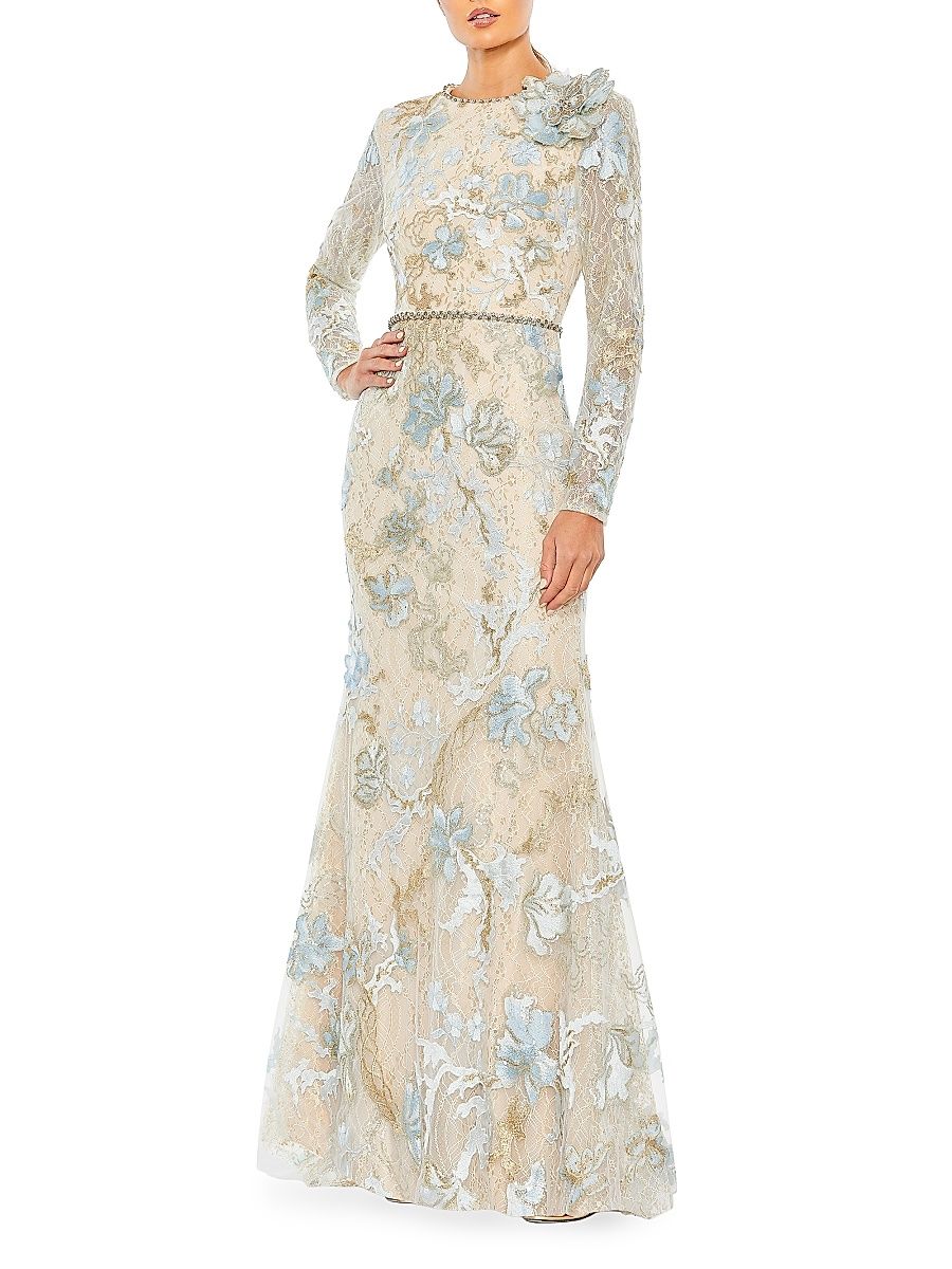 Women's Floral Embroidered Lace Trumpet Gown - Ice Blue - Size 4