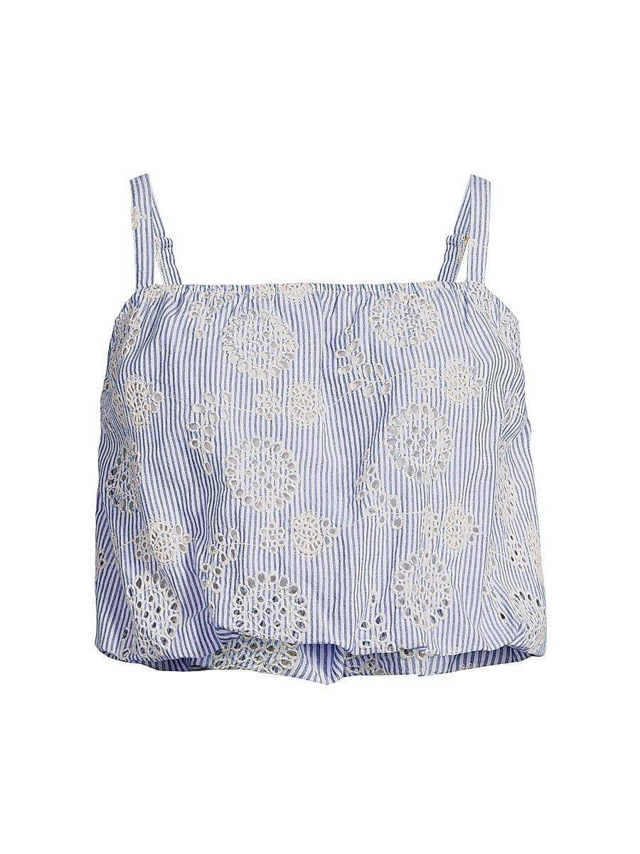 Women's Dani Embroidered Striped Cotton Cami Top - Sky Natural - Size Medium