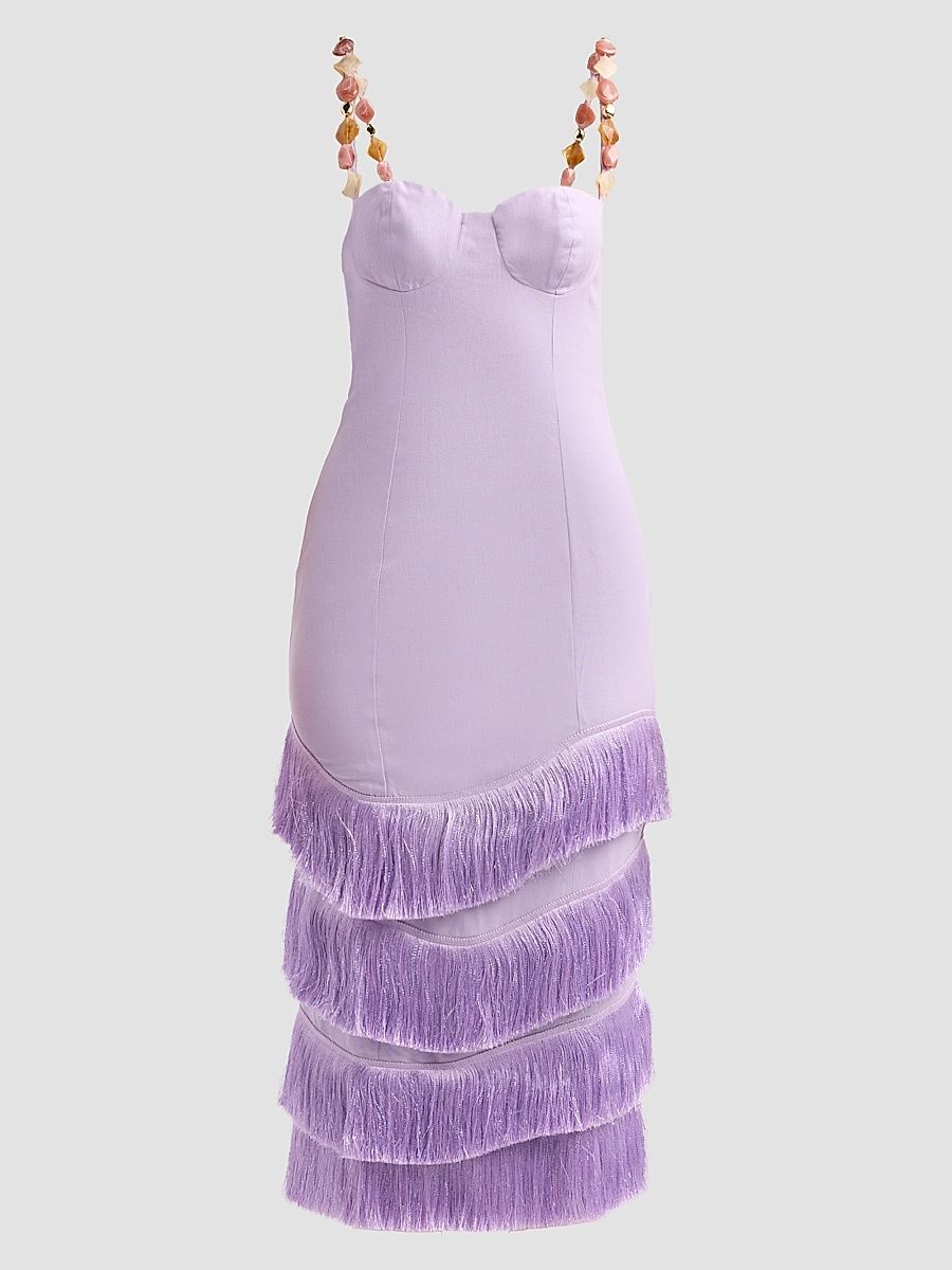 Women's Gabriela Linen Fringe Midi Dress - Lilac - Size 8