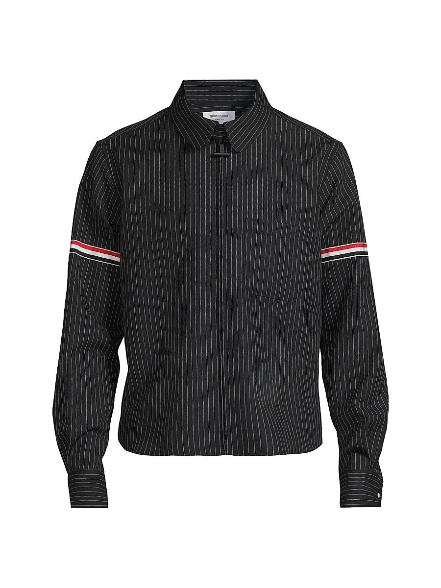 Men's Pinstriped Wool Suiting Shirt - Navy - Size Medium