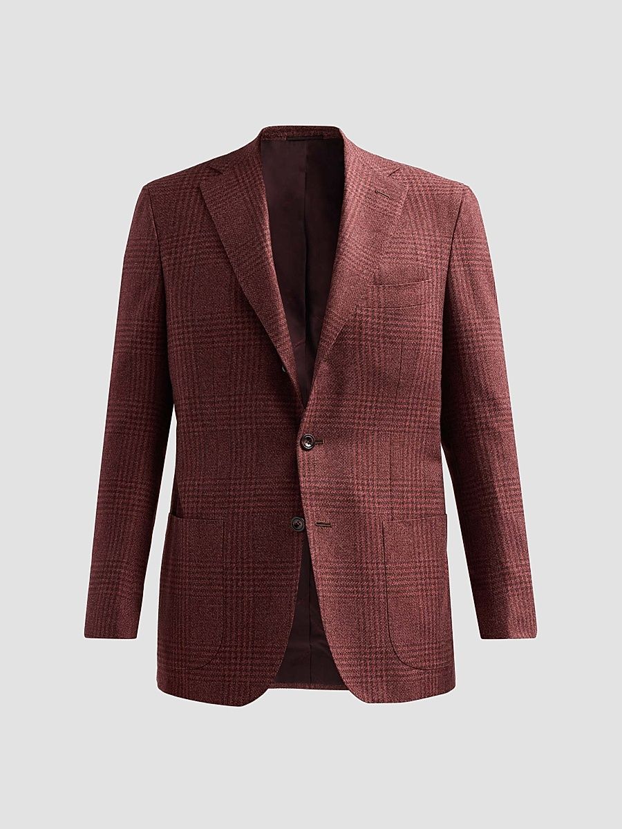 Men's Plaid Cashmere-Cotton-Silk Sport Coat - Bordeaux - Size 50