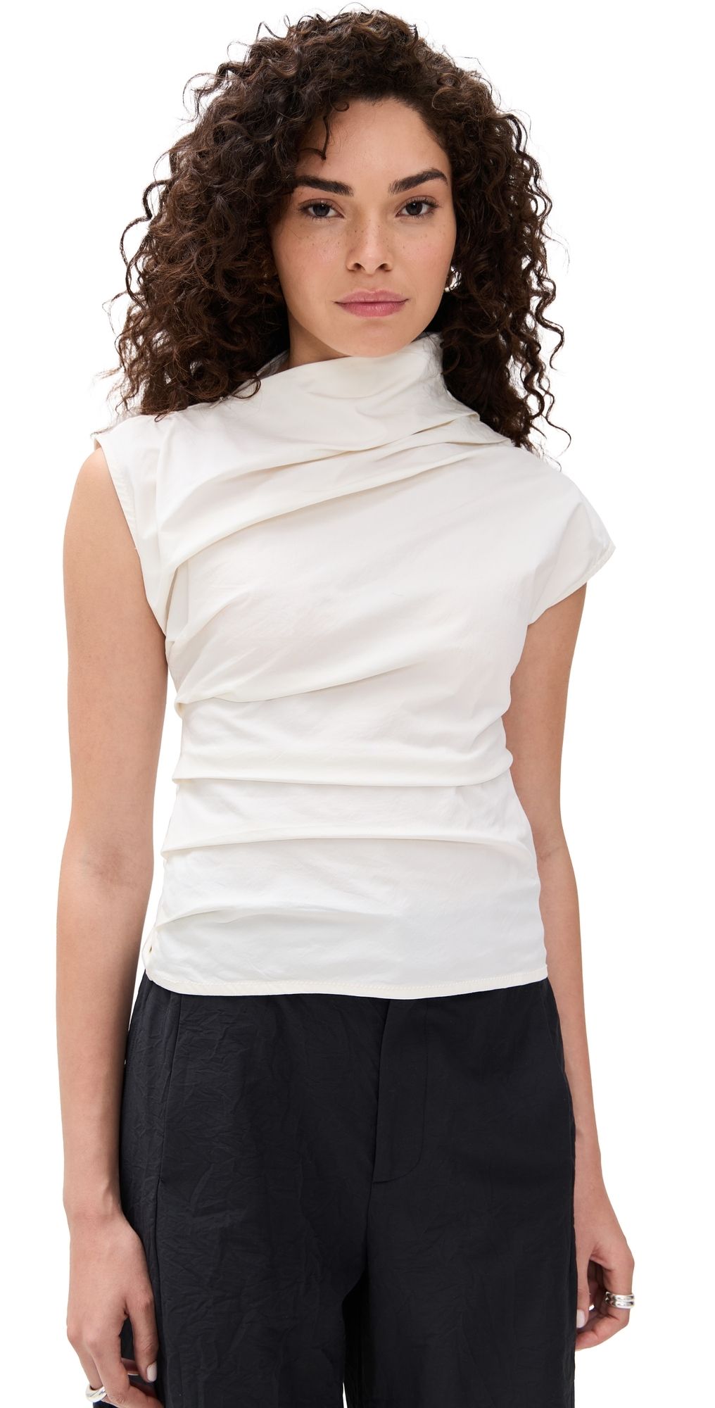 GANNI Stretch Cotton Ruched Top Egret 38