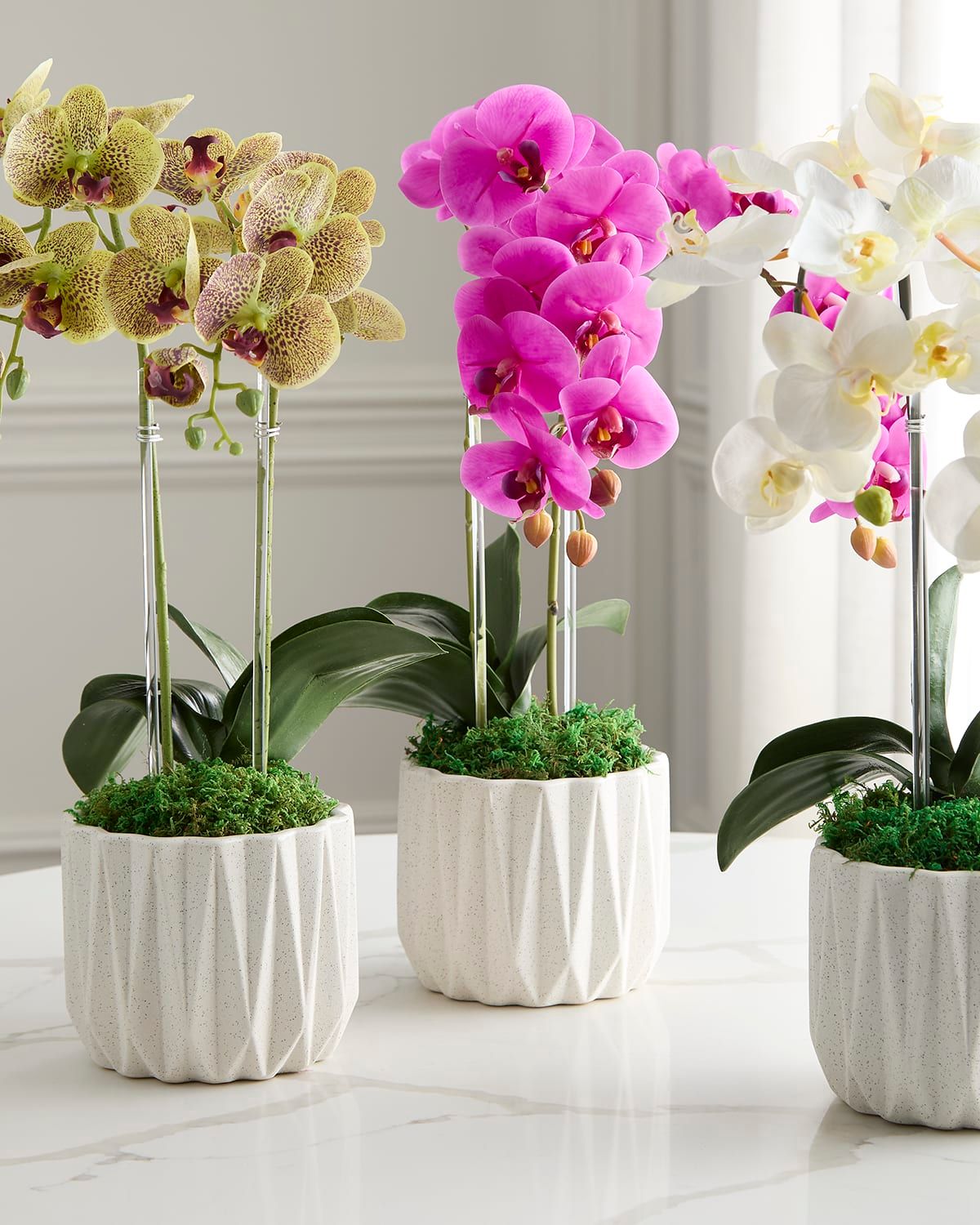 Double Orchid 20" Faux Floral Arrangement in Geometric Pot