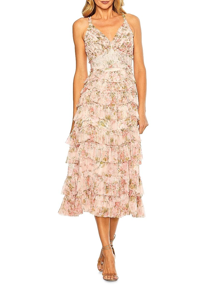 Women's Floral Ruffled Sleeveless Midi-Dress - Blush Muti - Size 12