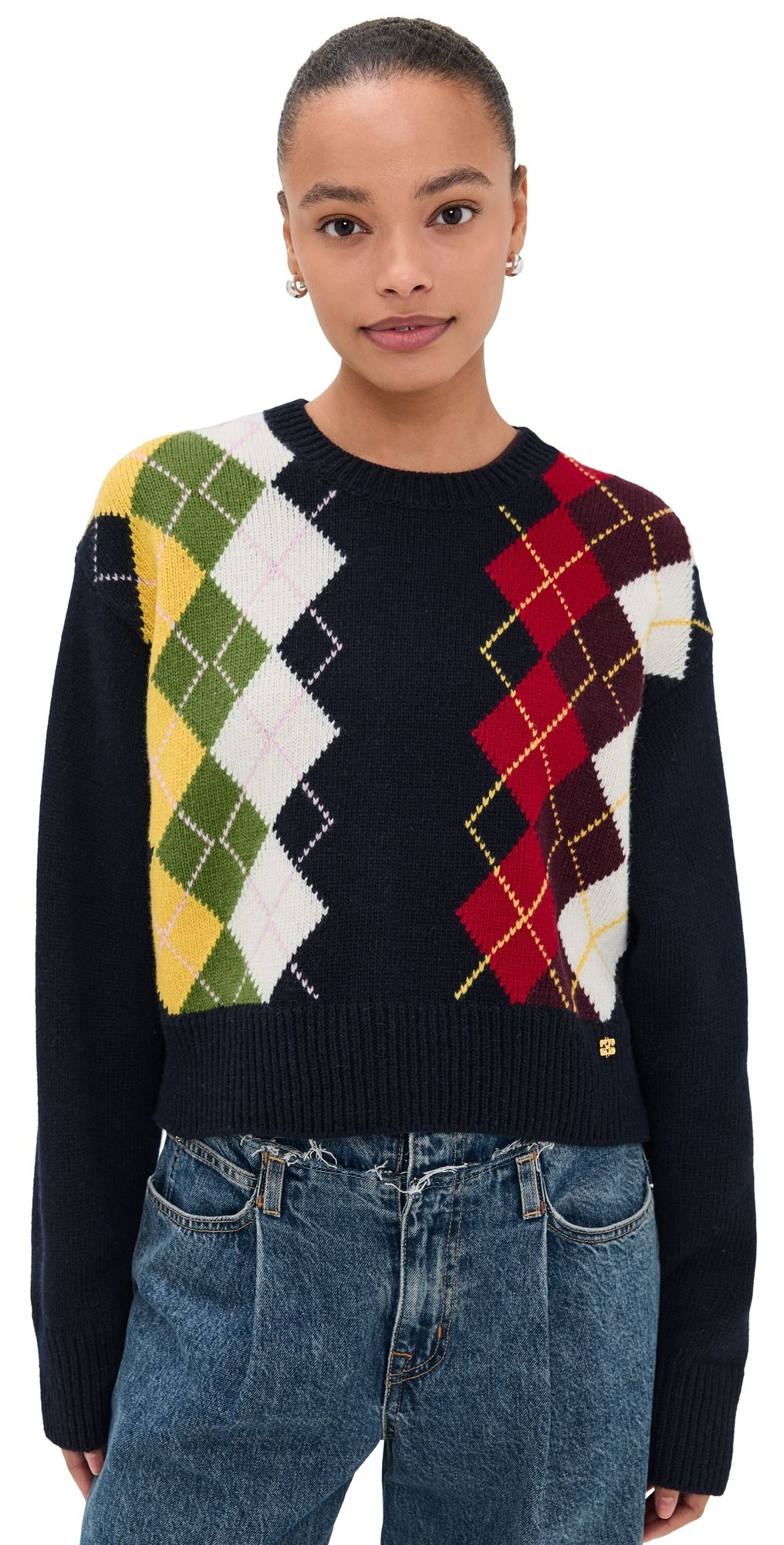 GANNI Chunky Wool Mix Argyle Knit Pullover Sky Captain M