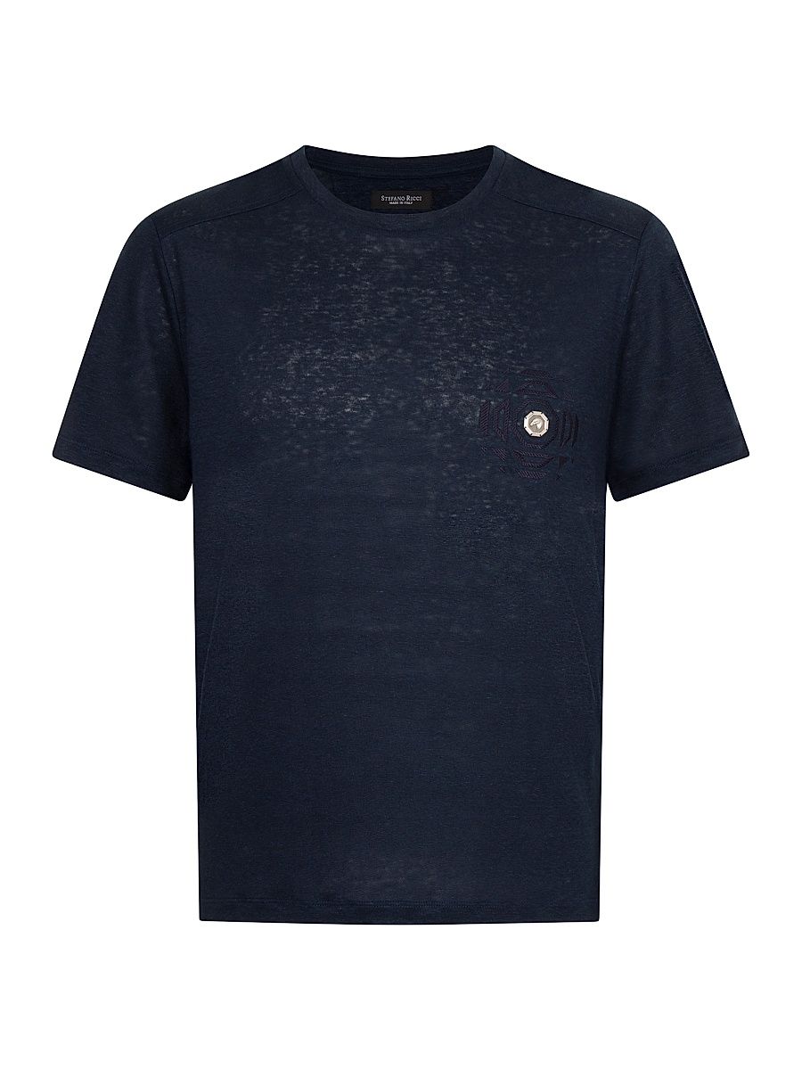 Men's Linen T-Shirt with Metallic Detailing - Midnight Blue - Size XL