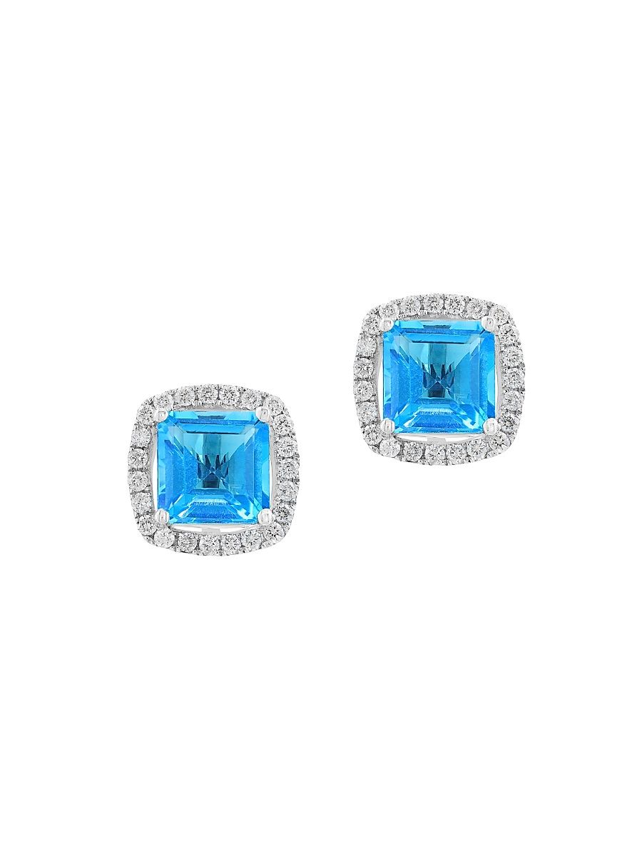 Women's 14K White Gold, Diamond & Blue Topaz Stud Earrings - White Gold