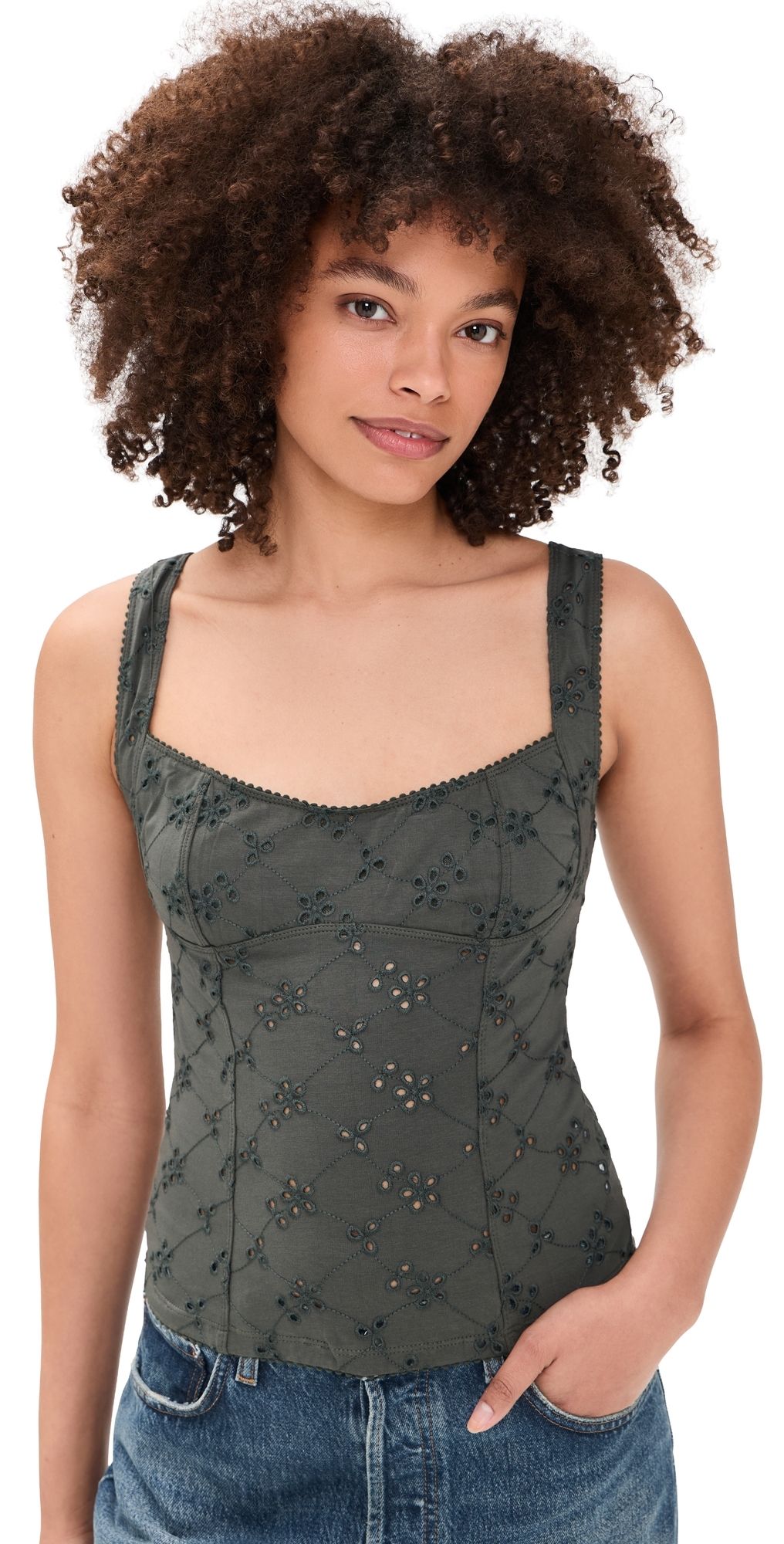 Free People Full Bloom Eyelet Camisole Hunter XL
