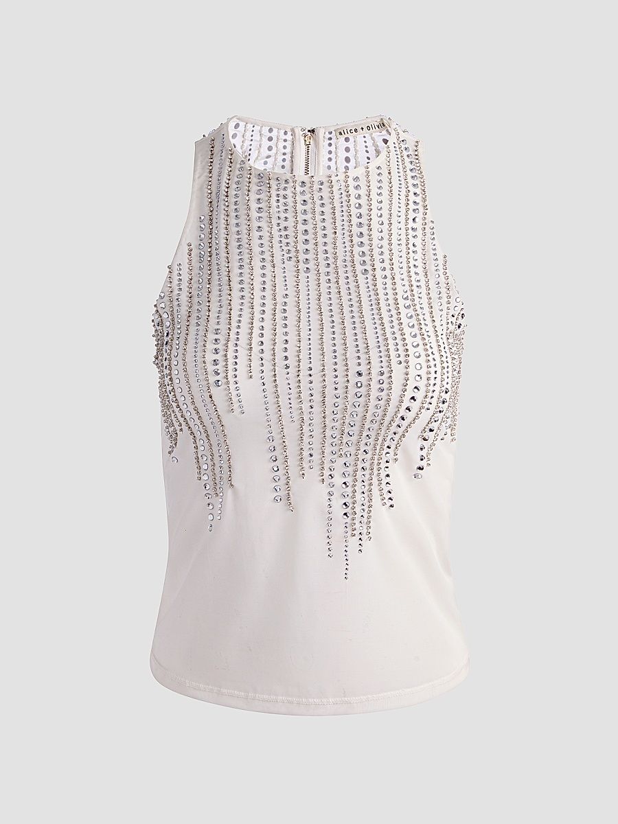 Women's Pania Embellished Top - Off White Clear Crystal - Size Large