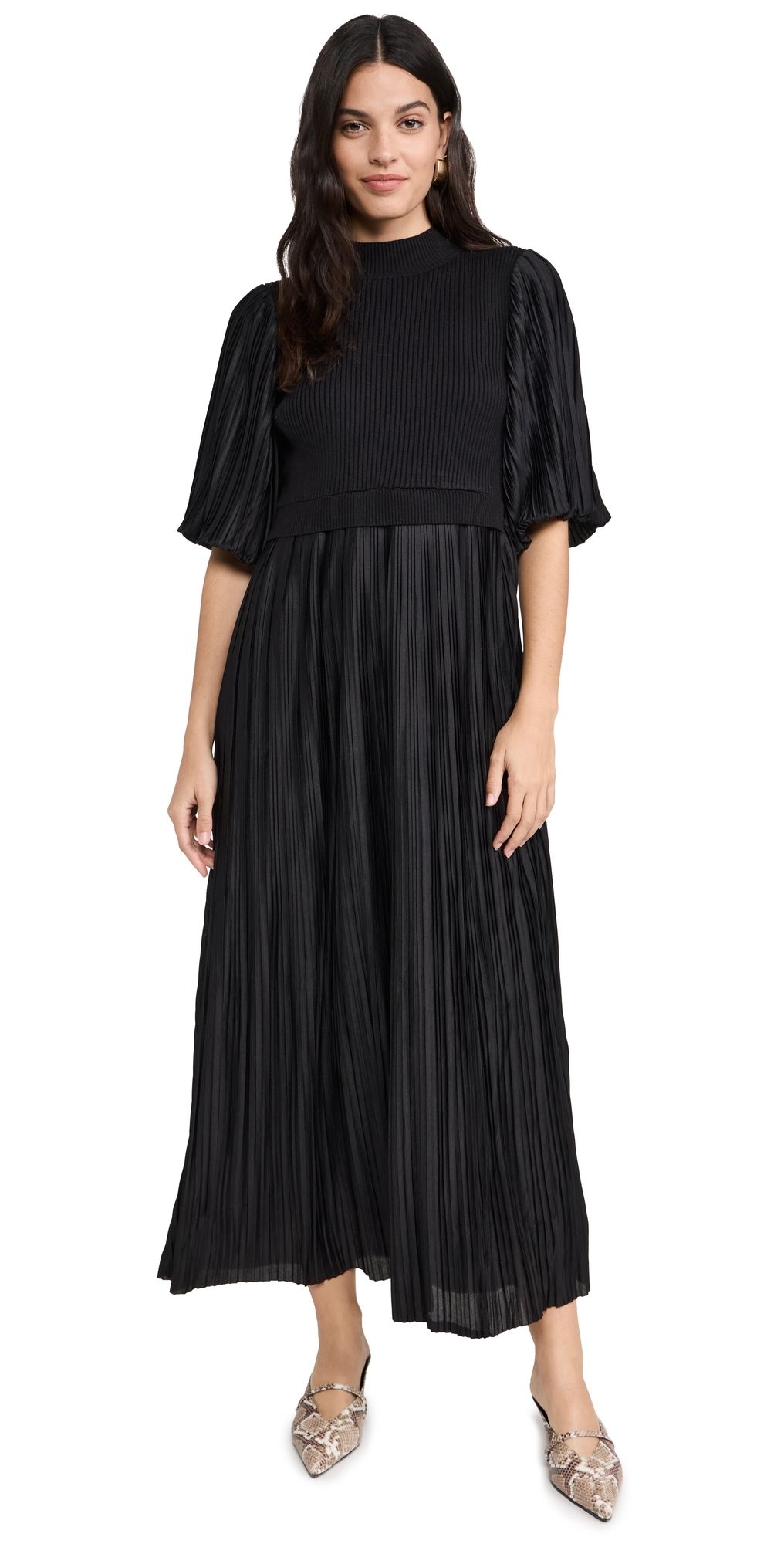 English Factory Pleated Mix Media Maxi Dress Black XS