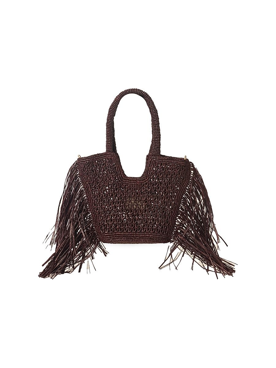 Women's Hunter Mini Fringed Raffia Tote Bag - Chocolate