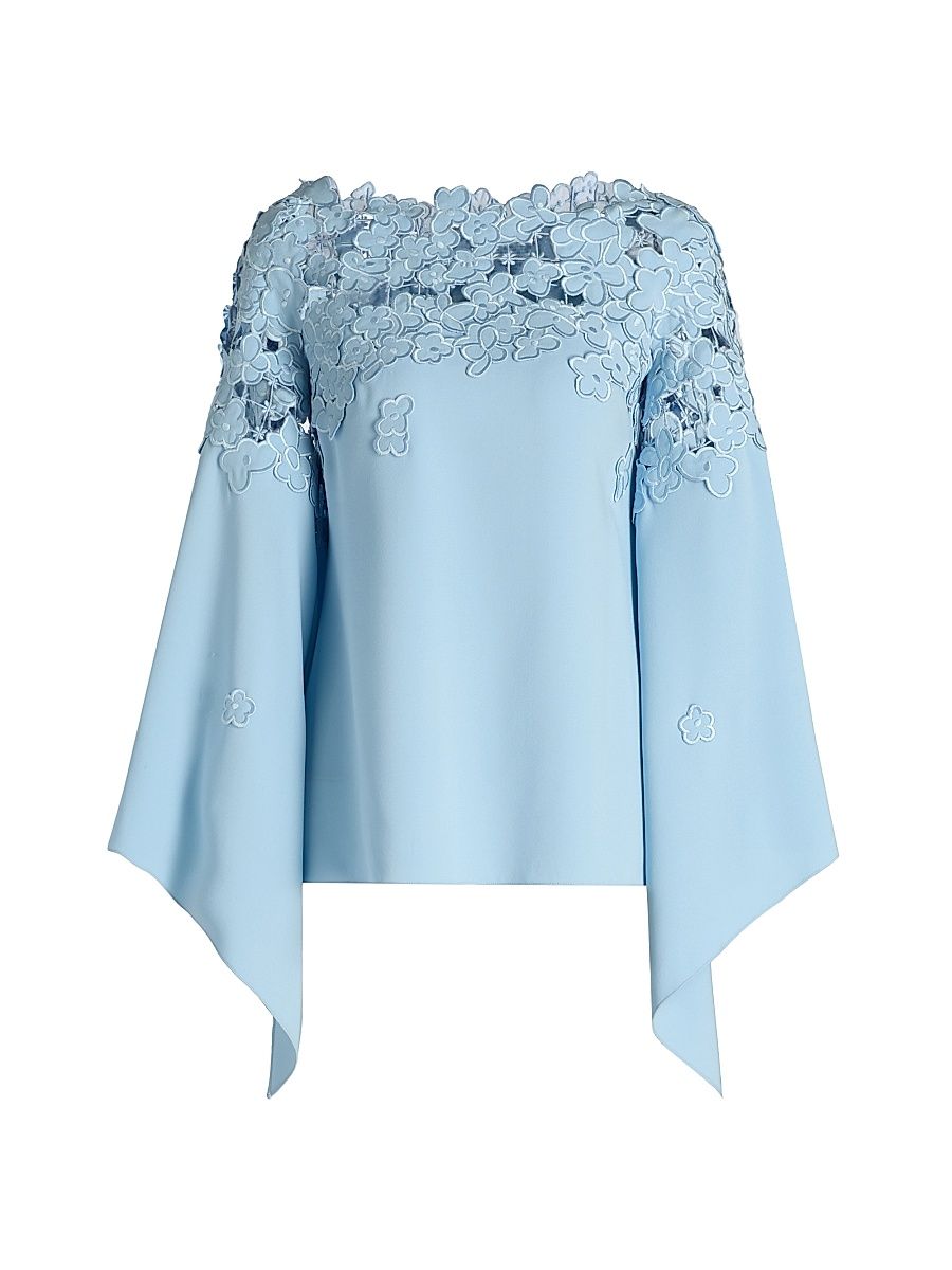 Women's Floral-Embroidered Stretch-Silk Cape-Sleeve Blouse - Sky - Size 12
