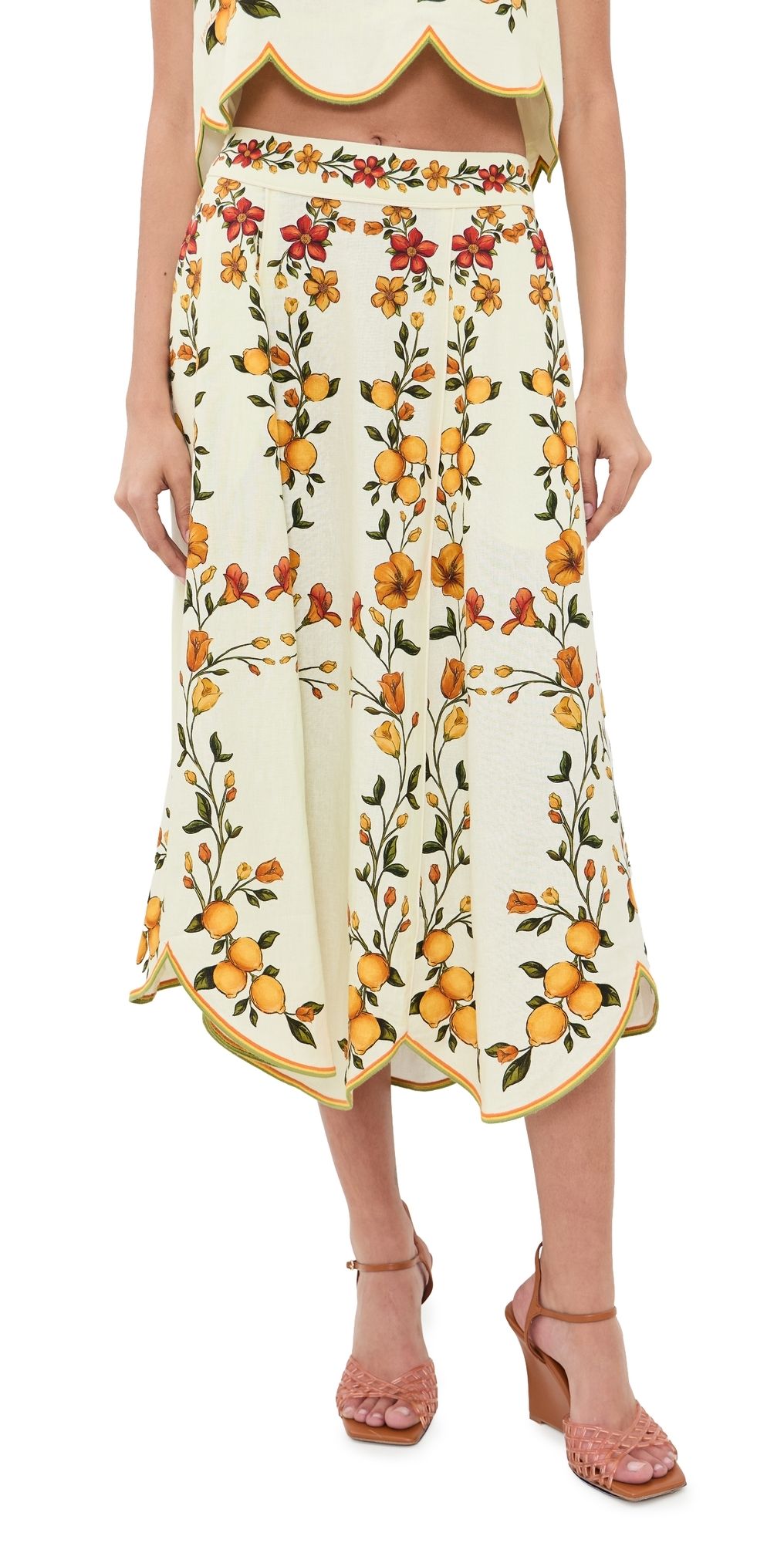 FARM Rio Scalloped Midi Skirt Lemon Bouquet Off-White M