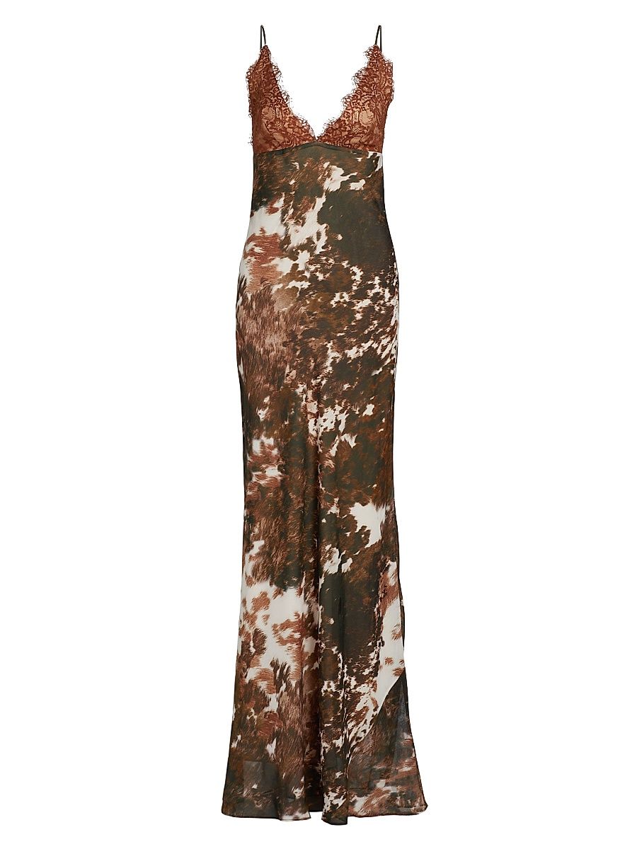 Women's Susanna Lace-Trimmed Slip Maxi Dress - Multi Cow Print - Size 10