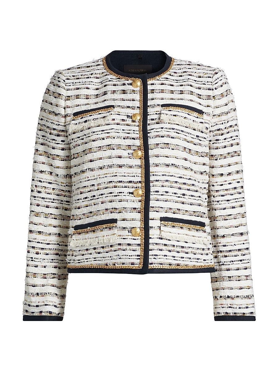 Women's Kiera Striped Tweed Collarless Jacket - Navy Multi - Size Medium